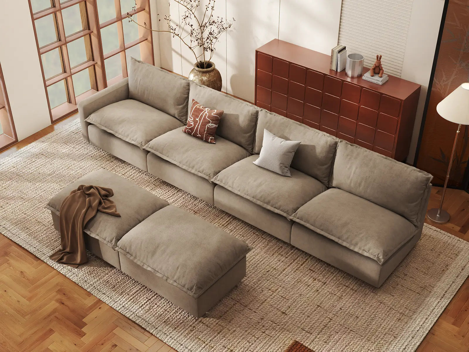 Modular Cero Modular Sectional with Chaise | 6-Piece Khaki Linen Open Plan Sofa Sets 4-Seater with 2-Ottomans