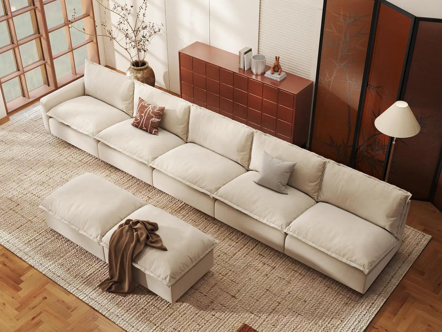 Modular Cero Modular Sofa Set | 7-Piece Beige Linen Large Space Sofa Sets 5-Seater with 2-Ottomans