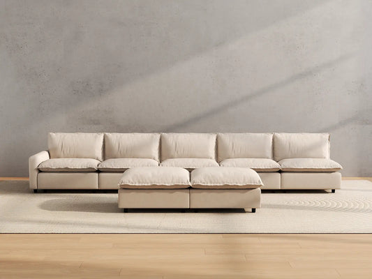 Modular Cero Modular Sectionals | 7-Piece Beige Linen Large Space Sofa Sets 5-Seater with 2-Ottomans