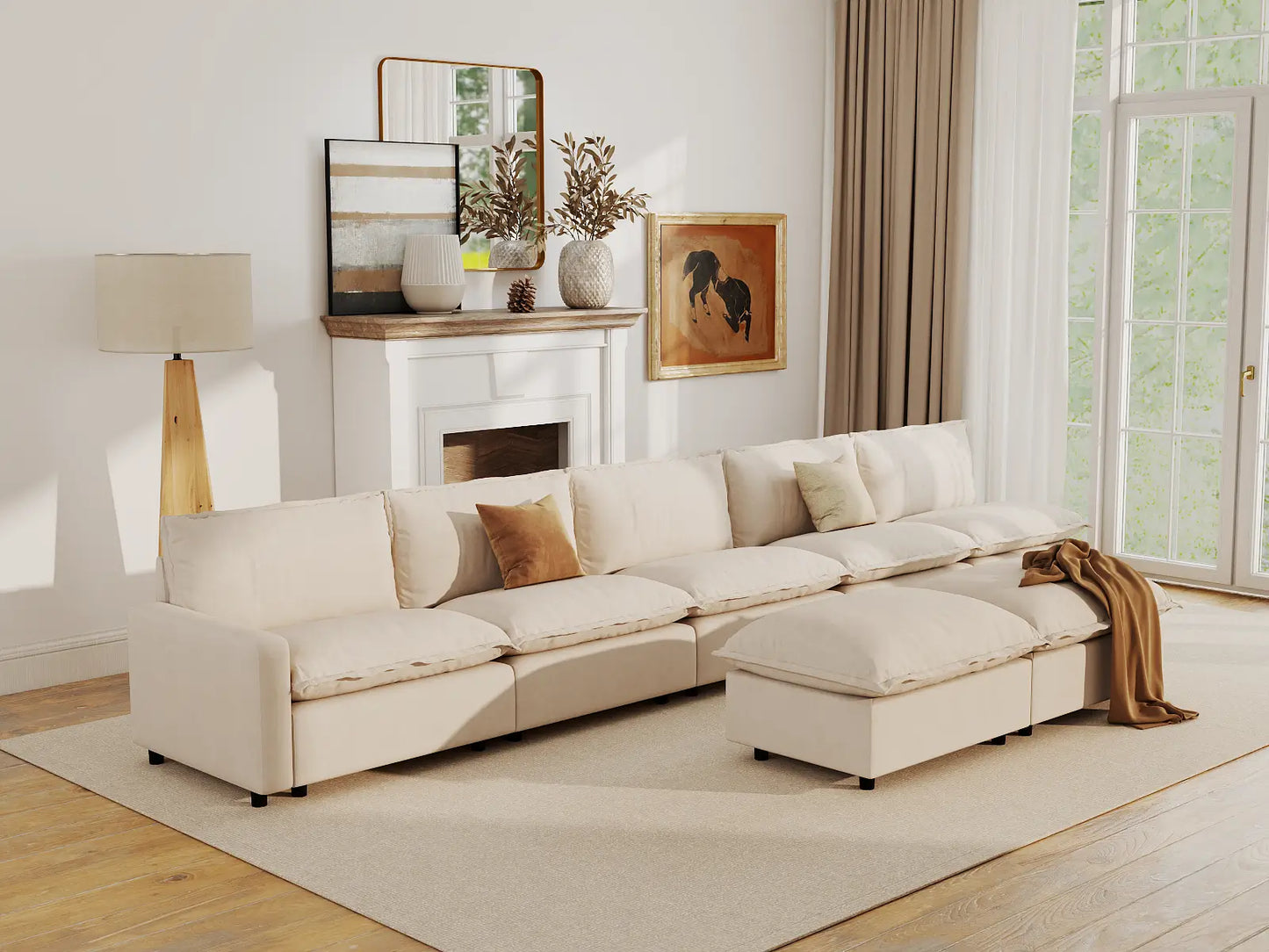 Modular Cero Modular Sofa Set | 7-Piece Beige Linen Large Space Sofa Sets 5-Seater with 2-Ottomans