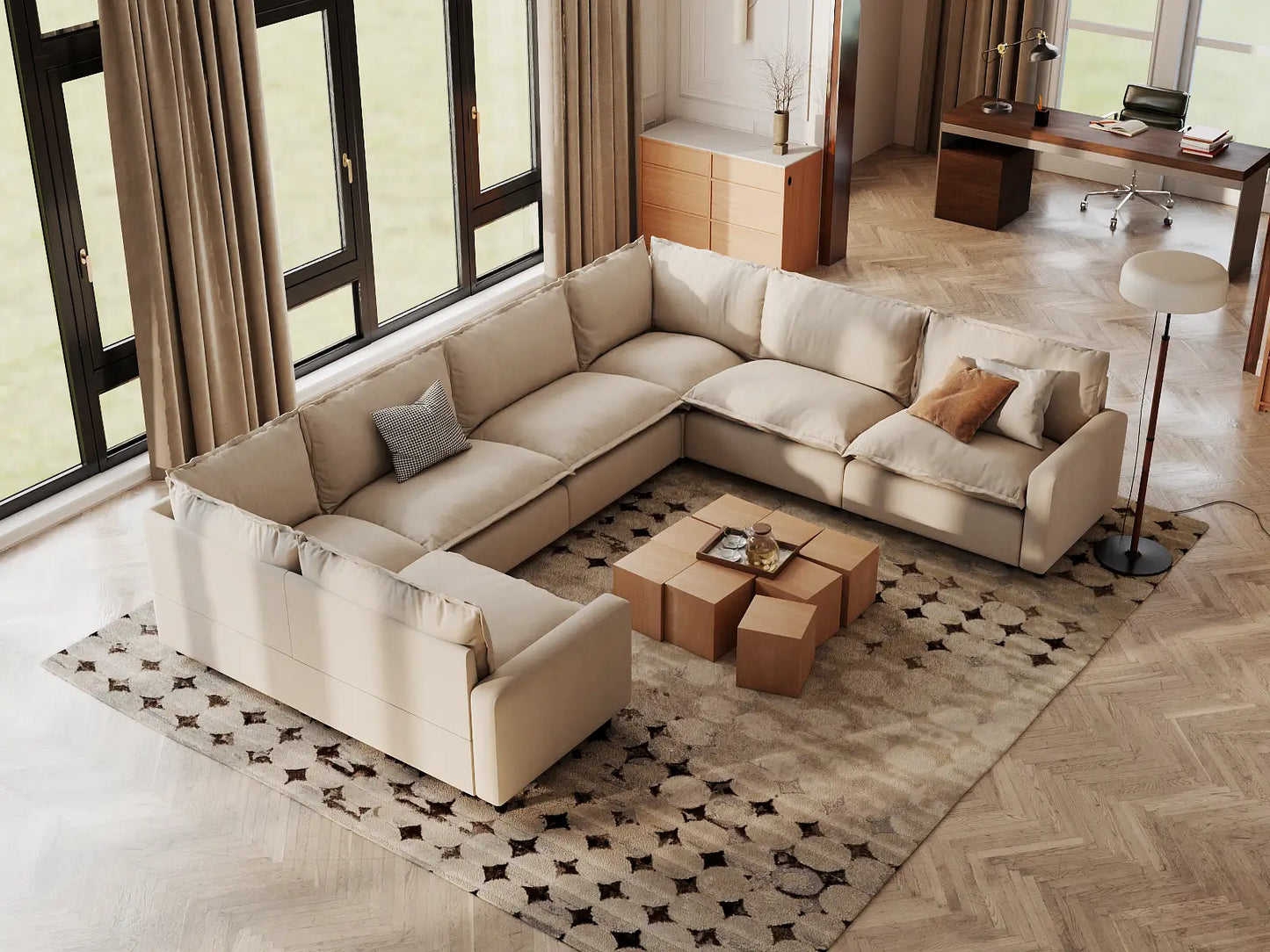 Modular Cero Modular Sectionals | 7-Piece Beige Linen Large Space U-Shaped Sectionals 7-Seater