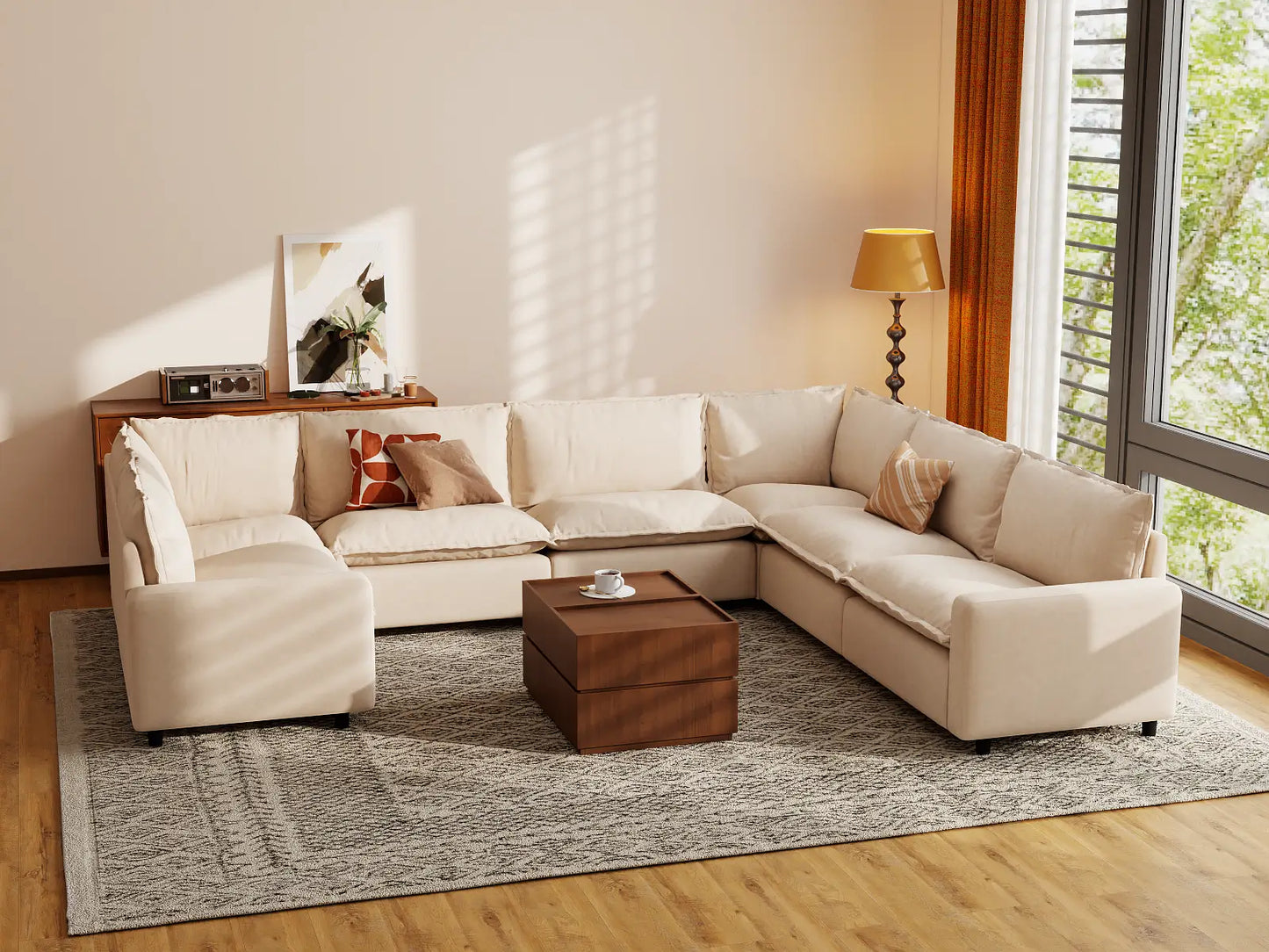 Modular Cero Modular Sectionals | 7-Piece Beige Linen Large Space U-Shaped Sectionals 7-Seater