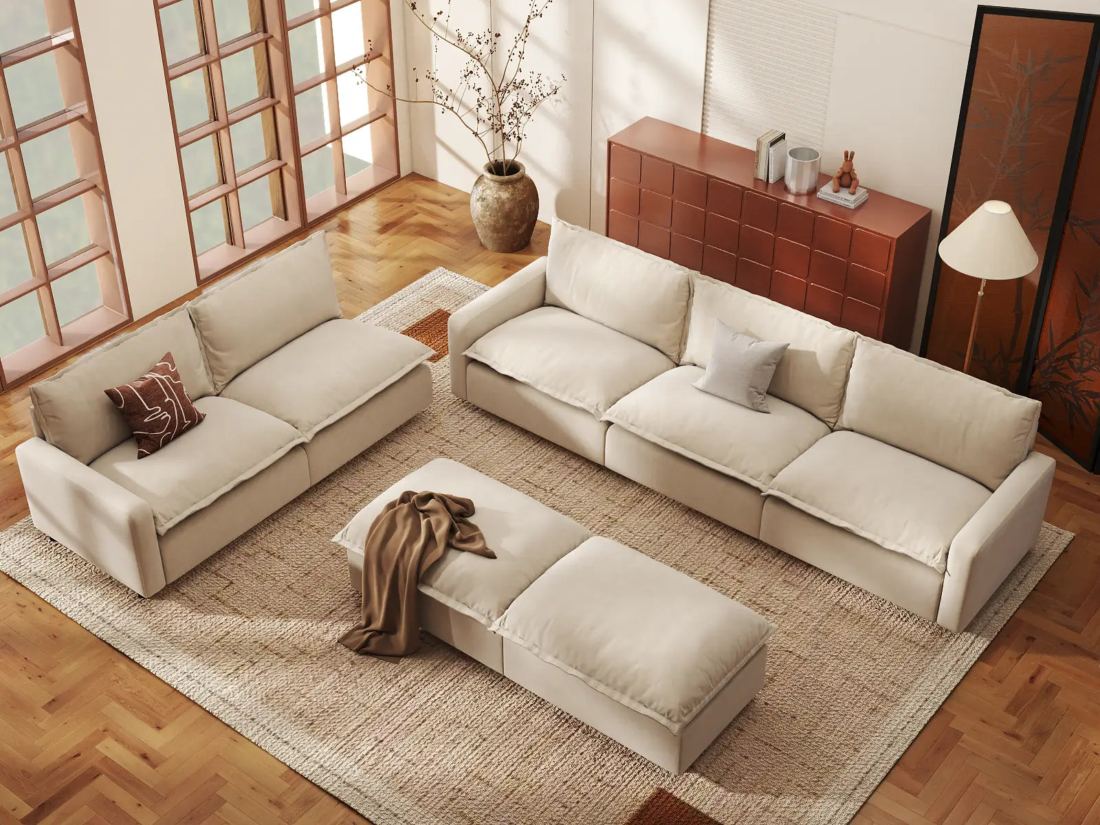Modular Cero Modular Sofa Set | 7-Piece Beige Linen Open Plan Sofa Sets 5-Seater with 2-Ottomans