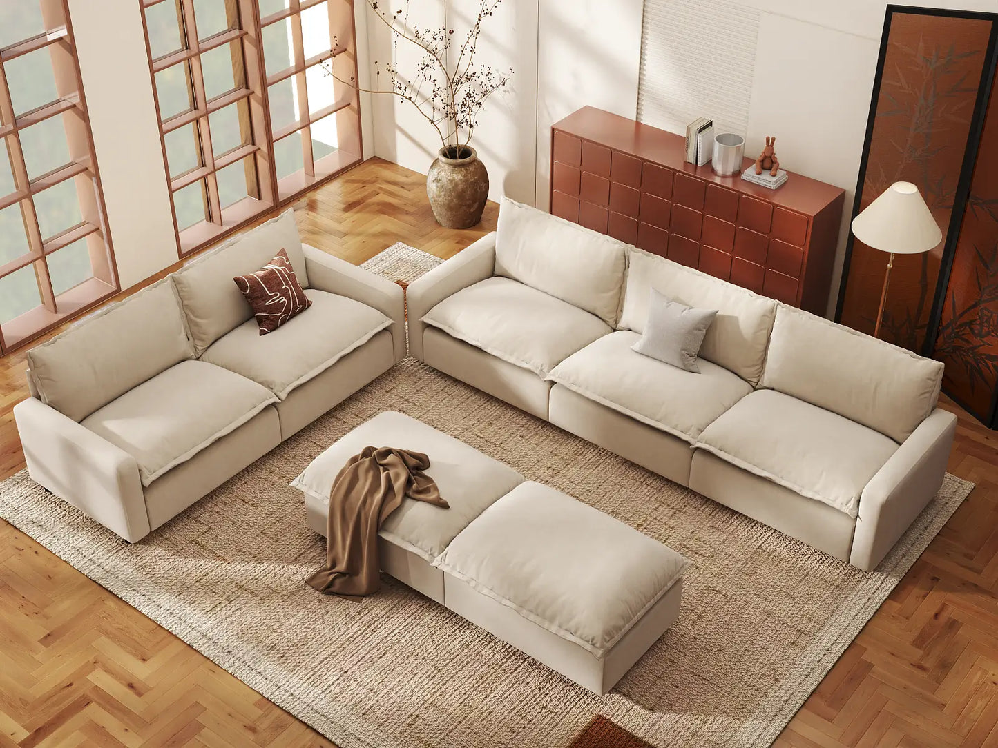 Modular Cero Modular Sectionals | 7-Piece Beige Linen Open Plan Sofa Sets 5-Seater with 2-Ottomans