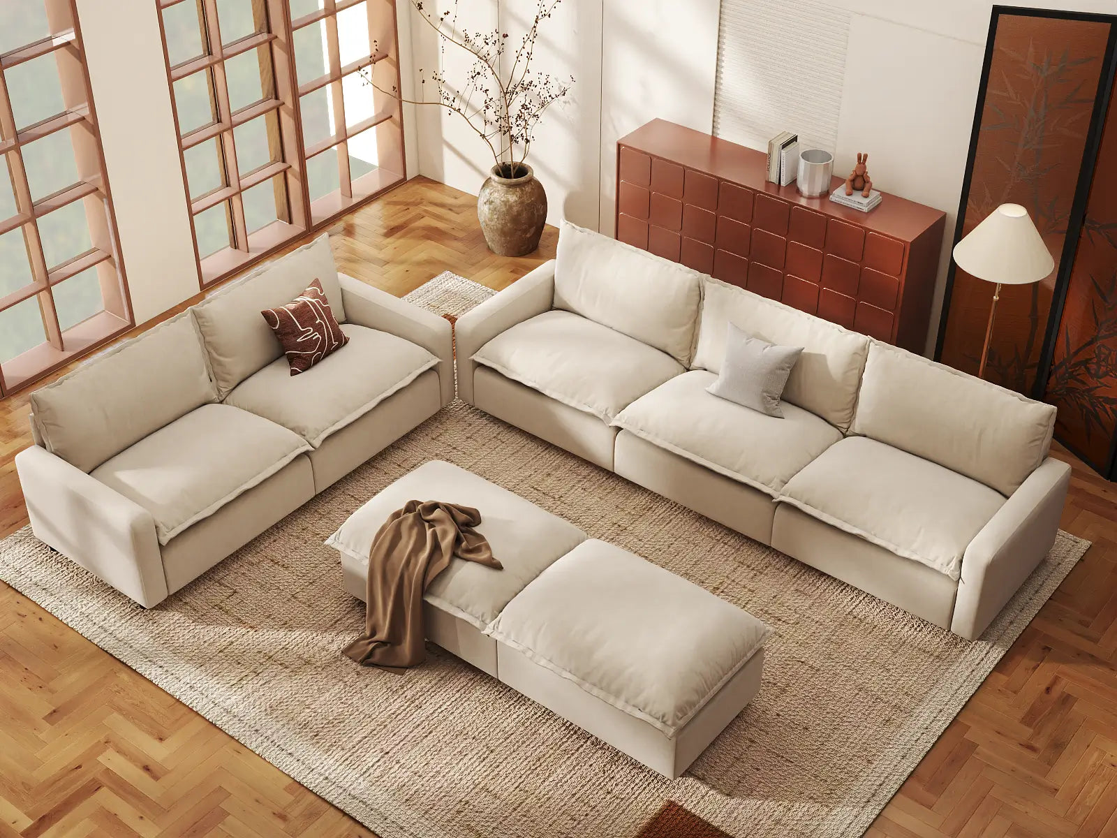 Modular Cero Modular Sofa Set | 7-Piece Beige Linen Open Plan Sofa Sets 5-Seater with 2-Ottomans