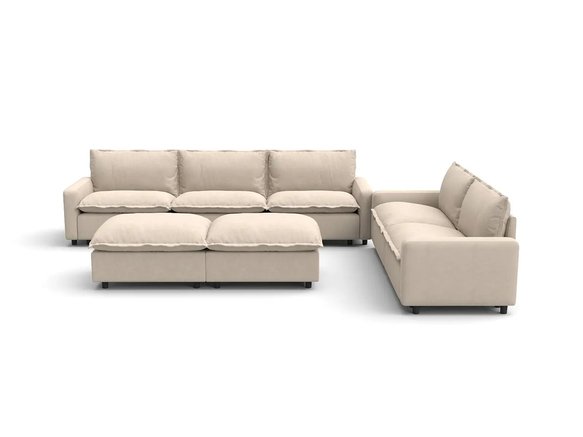 Modular Cero Modular Sectionals | 7-Piece Beige Linen Open Plan Sofa Sets 5-Seater with 2-Ottomans