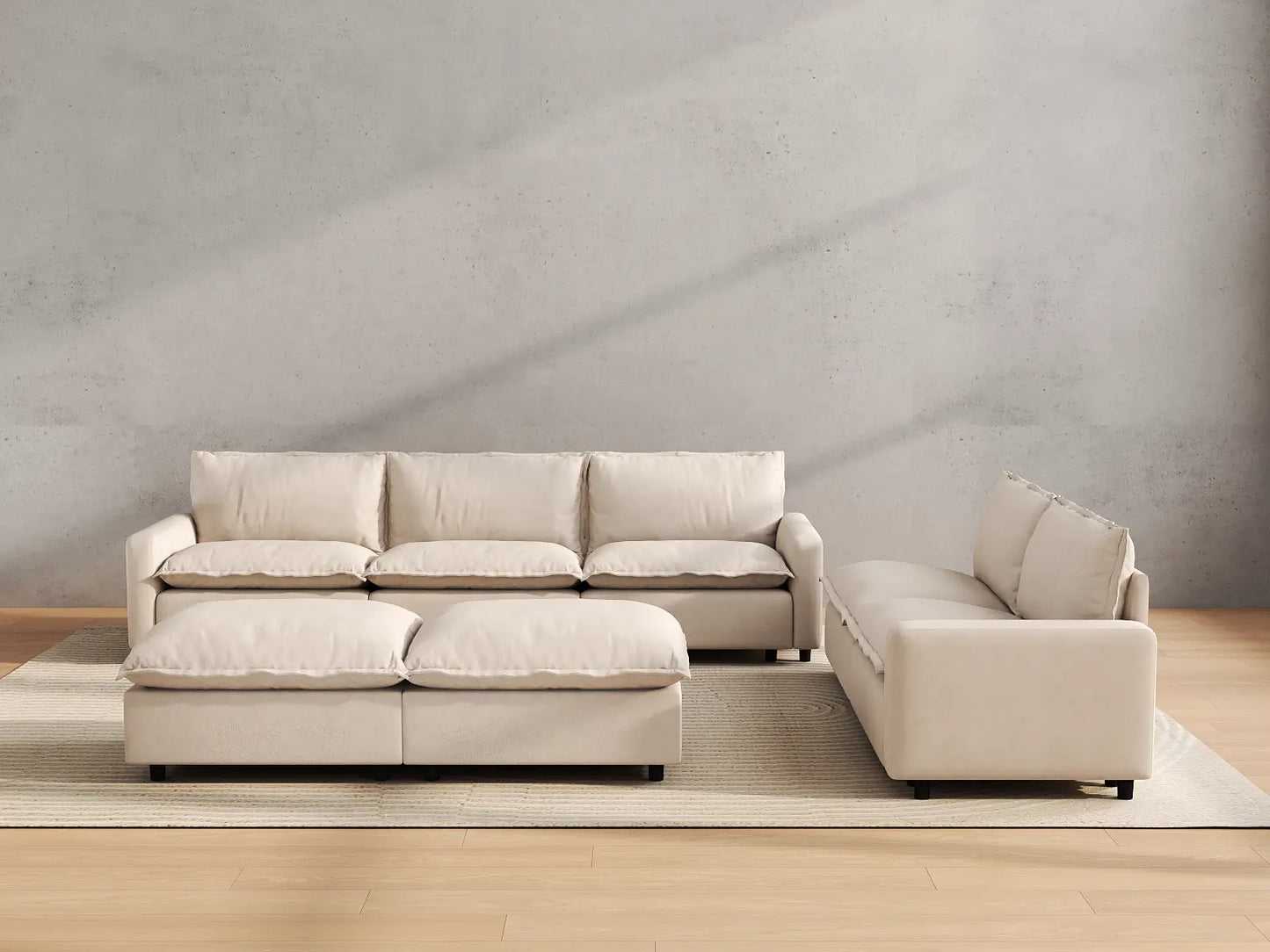 Modular Cero Modular Sectionals | 7-Piece Beige Linen Open Plan Sofa Sets 5-Seater with 2-Ottomans
