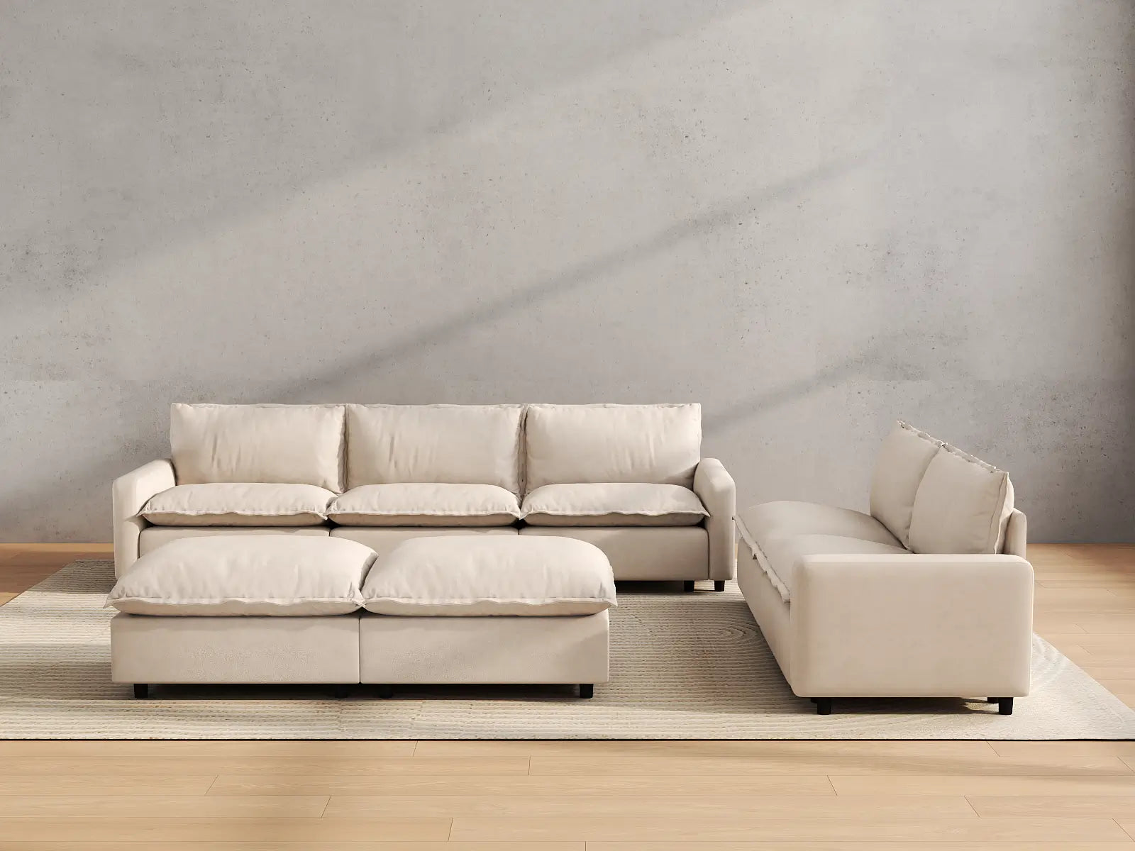 Modular Cero Modular Sofa Set | 7-Piece Beige Linen Open Plan Sofa Sets 5-Seater with 2-Ottomans