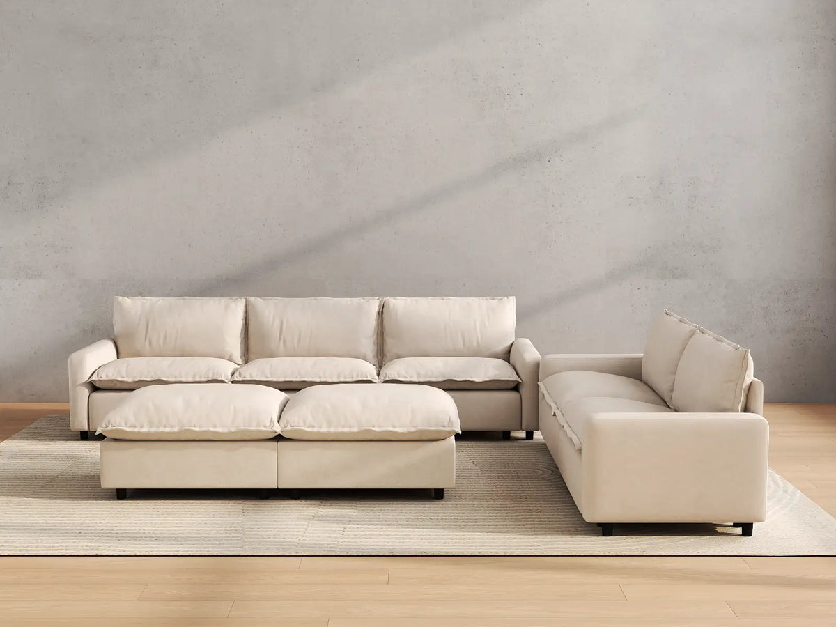 Modular Cero Modular Sectionals | 7-Piece Beige Linen Open Plan Sofa Sets 5-Seater with 2-Ottomans
