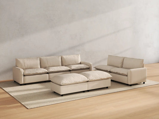 Modular Cero Modular Sectionals | 7-Piece Beige Linen Open Plan Sofa Sets 5-Seater with 2-Ottomans