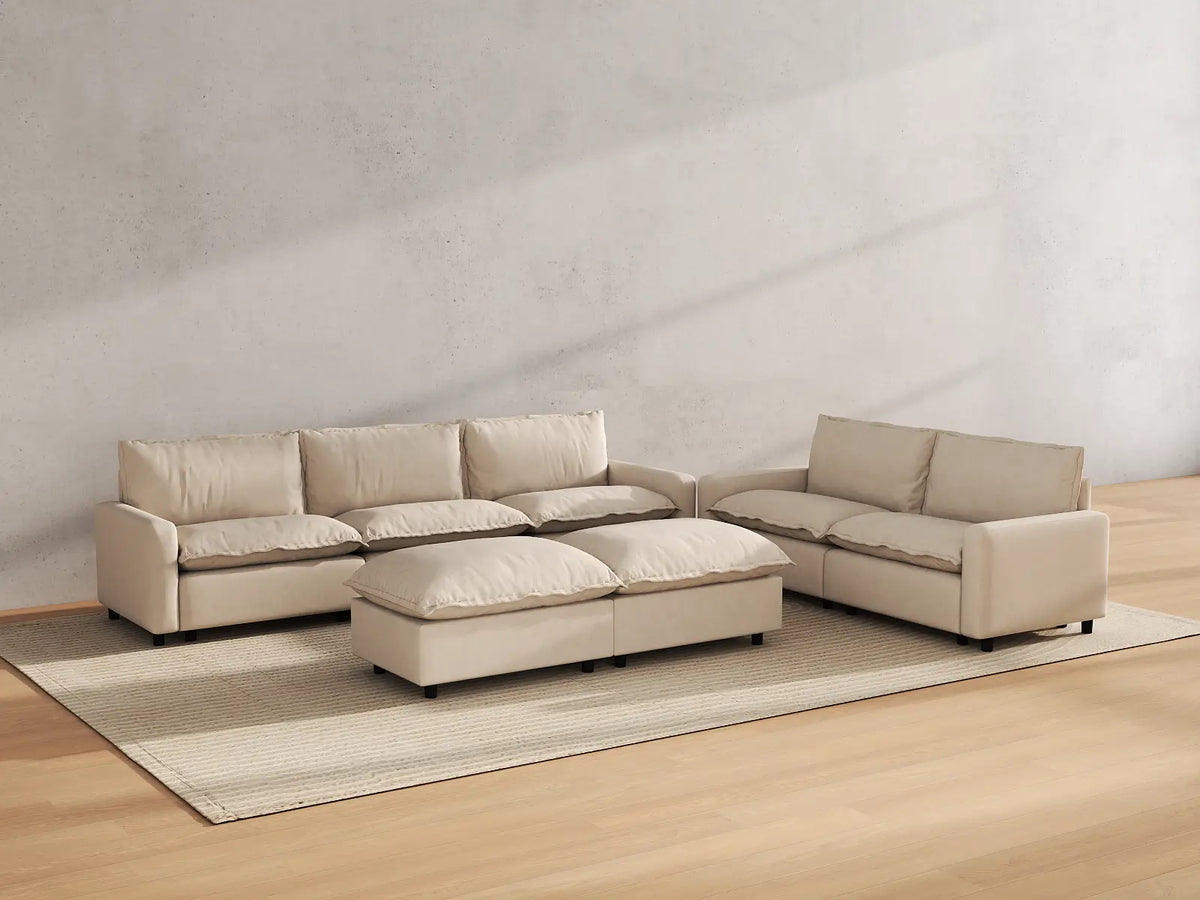 Modular Cero Modular Sectionals | 7-Piece Beige Linen Open Plan Sofa Sets 5-Seater with 2-Ottomans