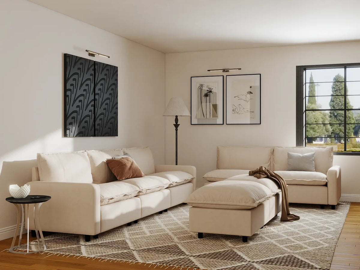 Modular Cero Modular Sectionals | 7-Piece Beige Linen Open Plan Sofa Sets 5-Seater with 2-Ottomans