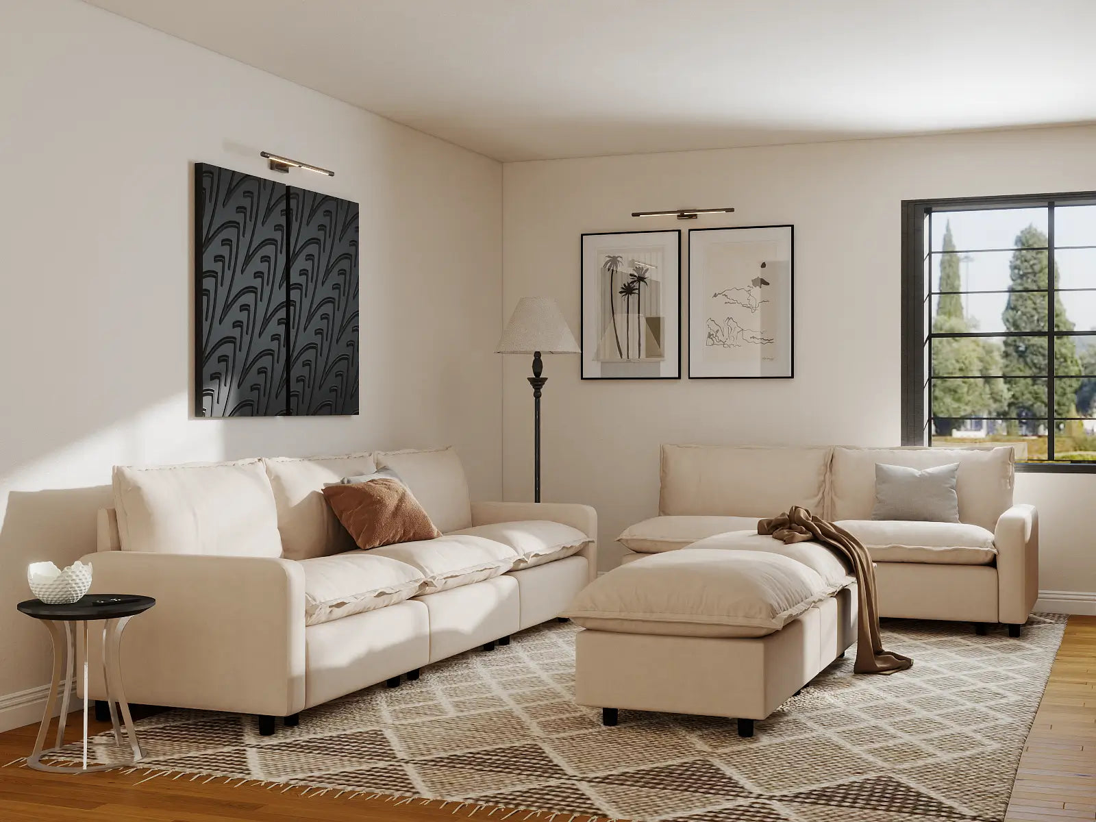 Modular Cero Modular Sofa Set | 7-Piece Beige Linen Open Plan Sofa Sets 5-Seater with 2-Ottomans