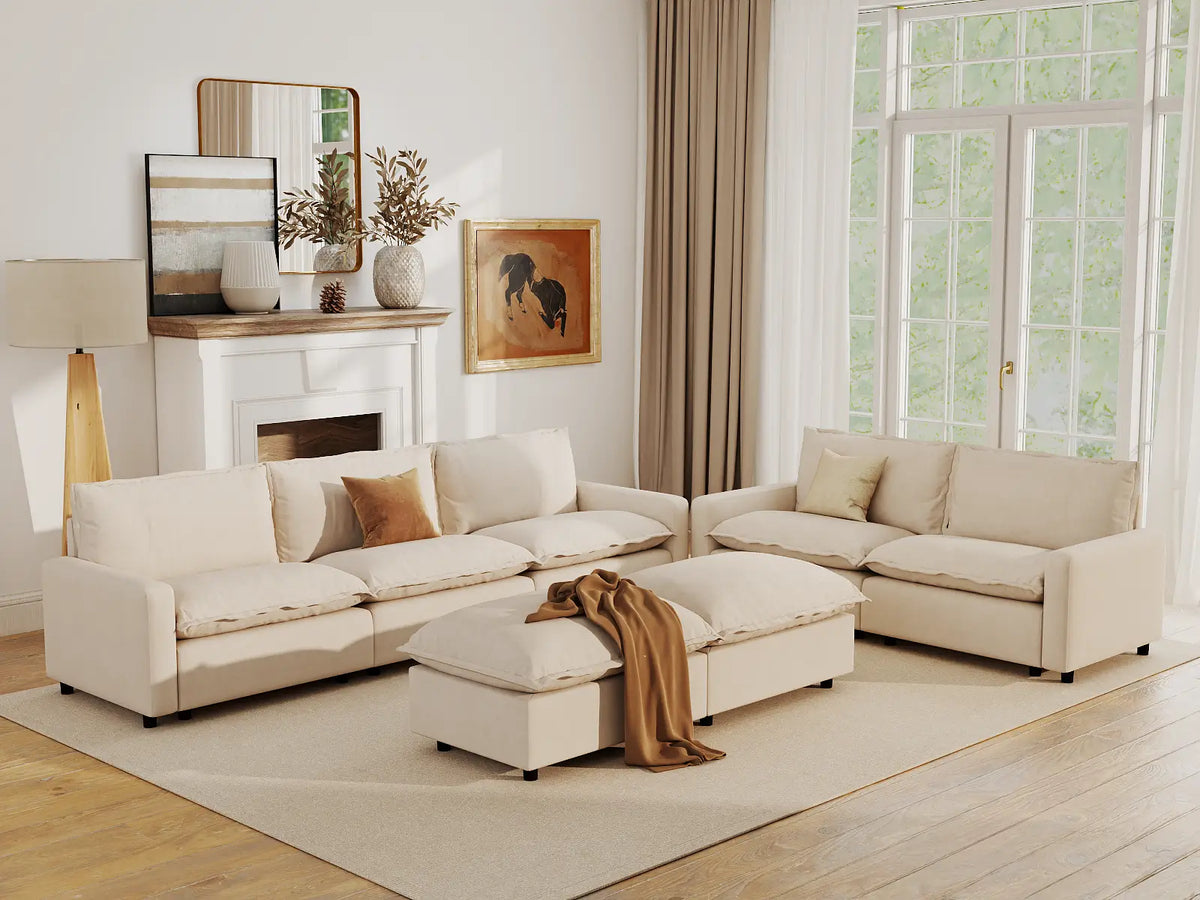 Modular Cero Modular Sectionals | 7-Piece Beige Linen Open Plan Sofa Sets 5-Seater with 2-Ottomans