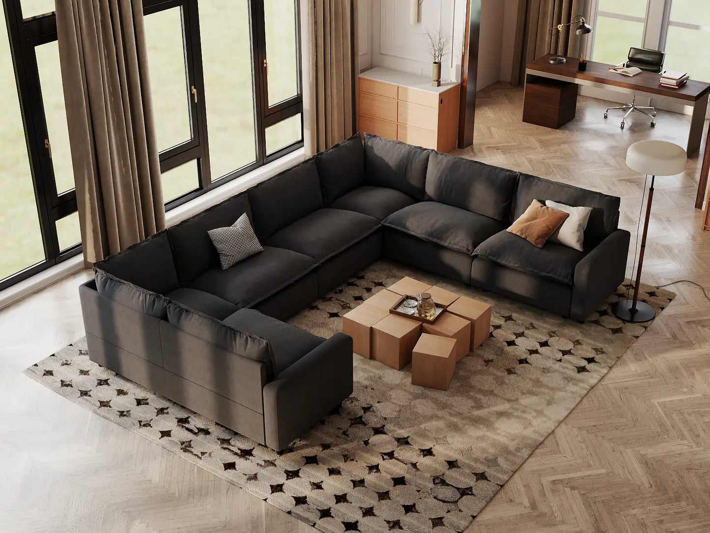 Modular Cero Modular Sectionals | 7-Piece Grey Linen Grand Estate U-Shaped Sectionals 7-Seater