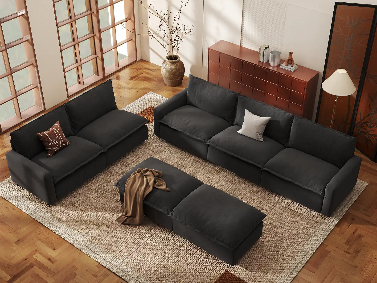 Modular Cero Oversized Modular Sectional Sofa | 7-Piece Grey Linen Large Space Sofa Sets 5-Seater with 2-Ottomans