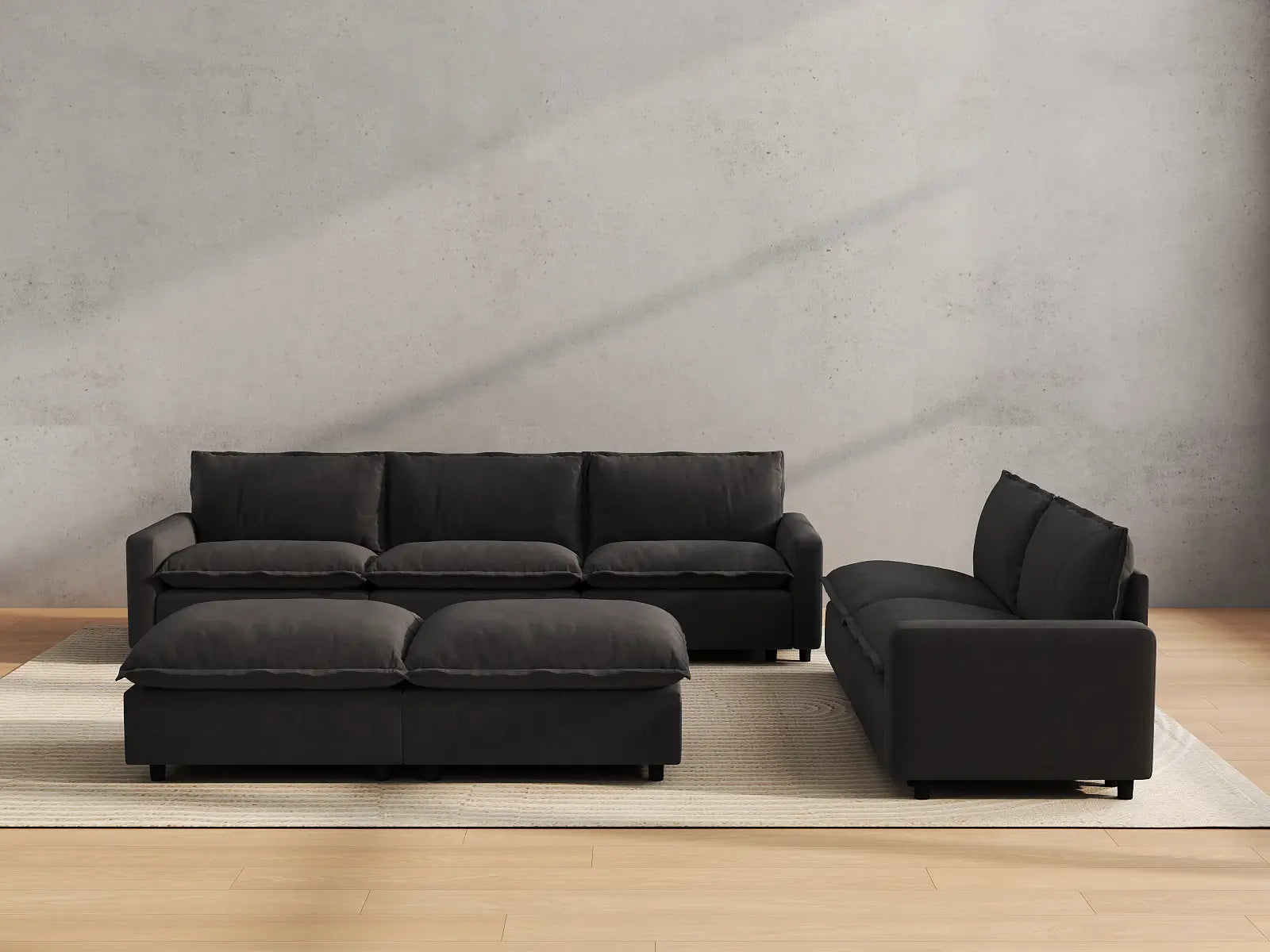 Modular Cero Oversized Modular Sectional Sofa | 7-Piece Grey Linen Large Space Sofa Sets 5-Seater with 2-Ottomans