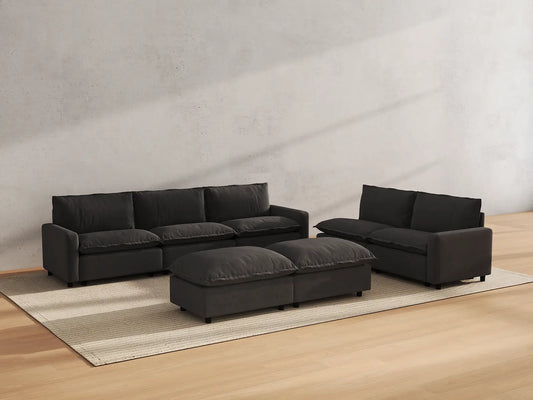 Modular Cero Modular Sectionals | 7-Piece Grey Linen Large Space Sofa Sets 5-Seater with 2-Ottomans