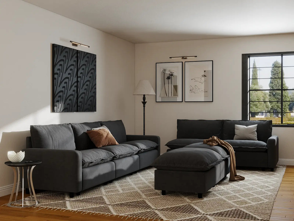 Modular Cero Modular Sectionals | 7-Piece Grey Linen Large Space Sofa Sets 5-Seater with 2-Ottomans