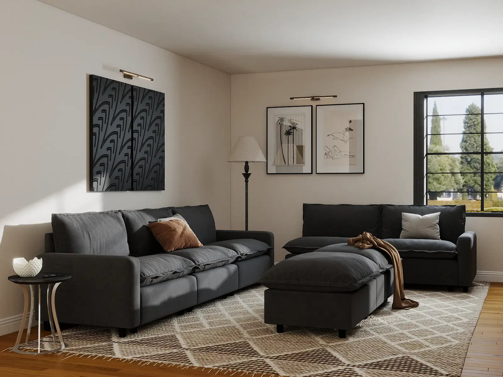Modular Cero Oversized Modular Sectional Sofa | 7-Piece Grey Linen Large Space Sofa Sets 5-Seater with 2-Ottomans