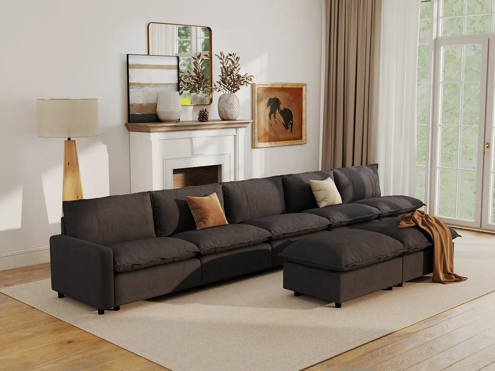 Modular Cero Modular Chaise Sectional | 7-Piece Grey Linen Open Plan Sofa Sets 5-Seater with 2-Ottomans