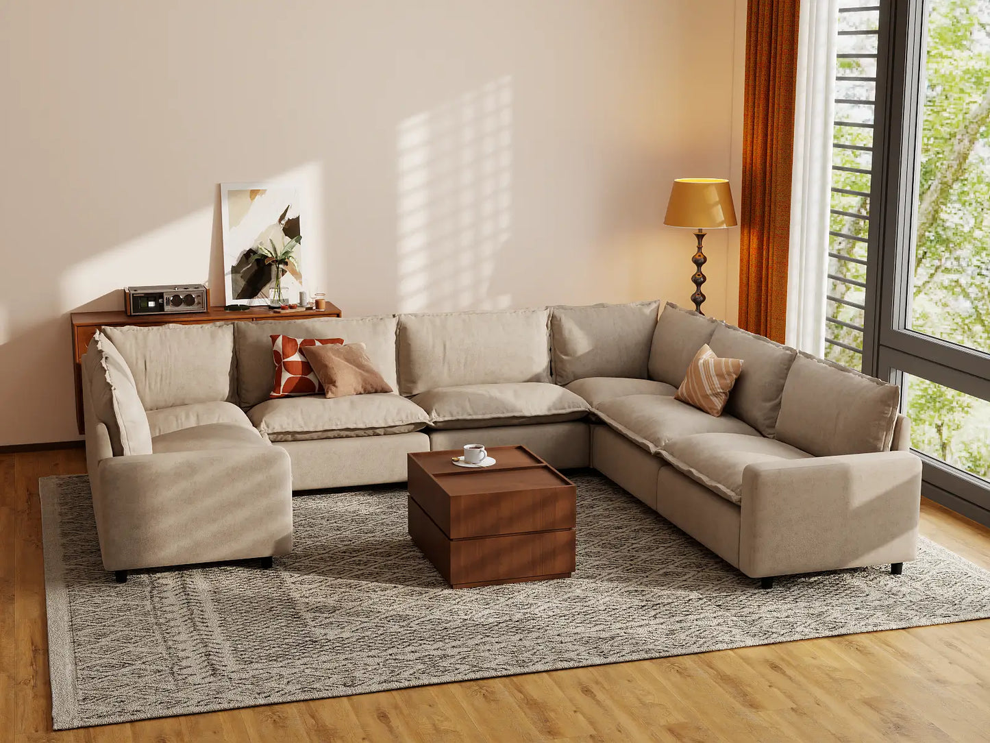 Modular Cero Modular Sectional Furniture | 7-Piece Khaki Linen Large Space U-Shaped Sectionals 7-Seater