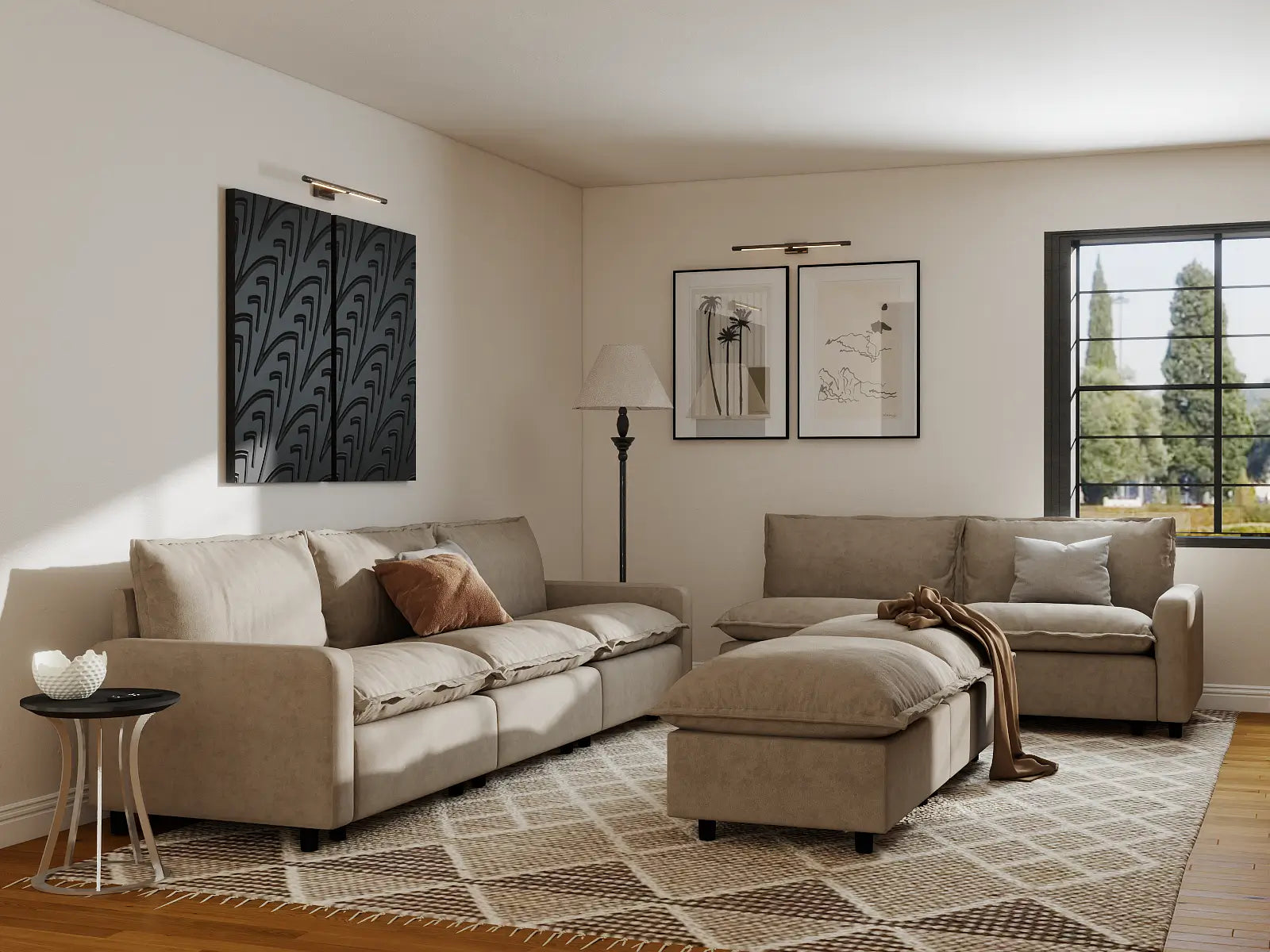 Modular Cero Modular Chaise Sectional | 7-Piece Khaki Linen Open Plan Sofa Sets 5-Seater with 2-Ottomans
