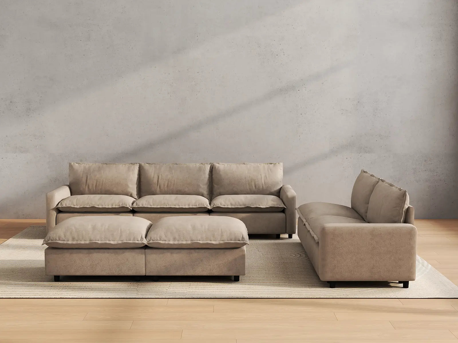 Modular Cero Modular Chaise Sectional | 7-Piece Khaki Linen Open Plan Sofa Sets 5-Seater with 2-Ottomans