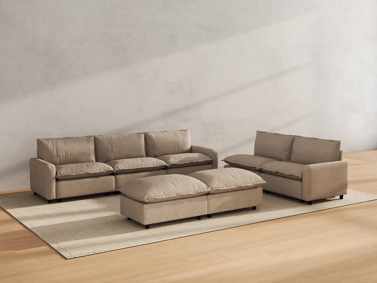 Modular Cero Modular Sectionals | 7-Piece Khaki Linen Open Plan Sofa Sets 5-Seater with 2-Ottomans