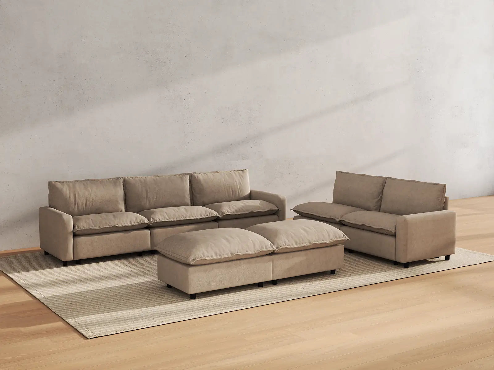 Modular Cero Modular Chaise Sectional | 7-Piece Khaki Linen Open Plan Sofa Sets 5-Seater with 2-Ottomans