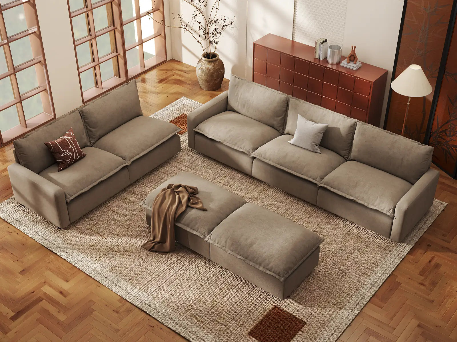 Modular Cero Modular Chaise Sectional | 7-Piece Khaki Linen Open Plan Sofa Sets 5-Seater with 2-Ottomans