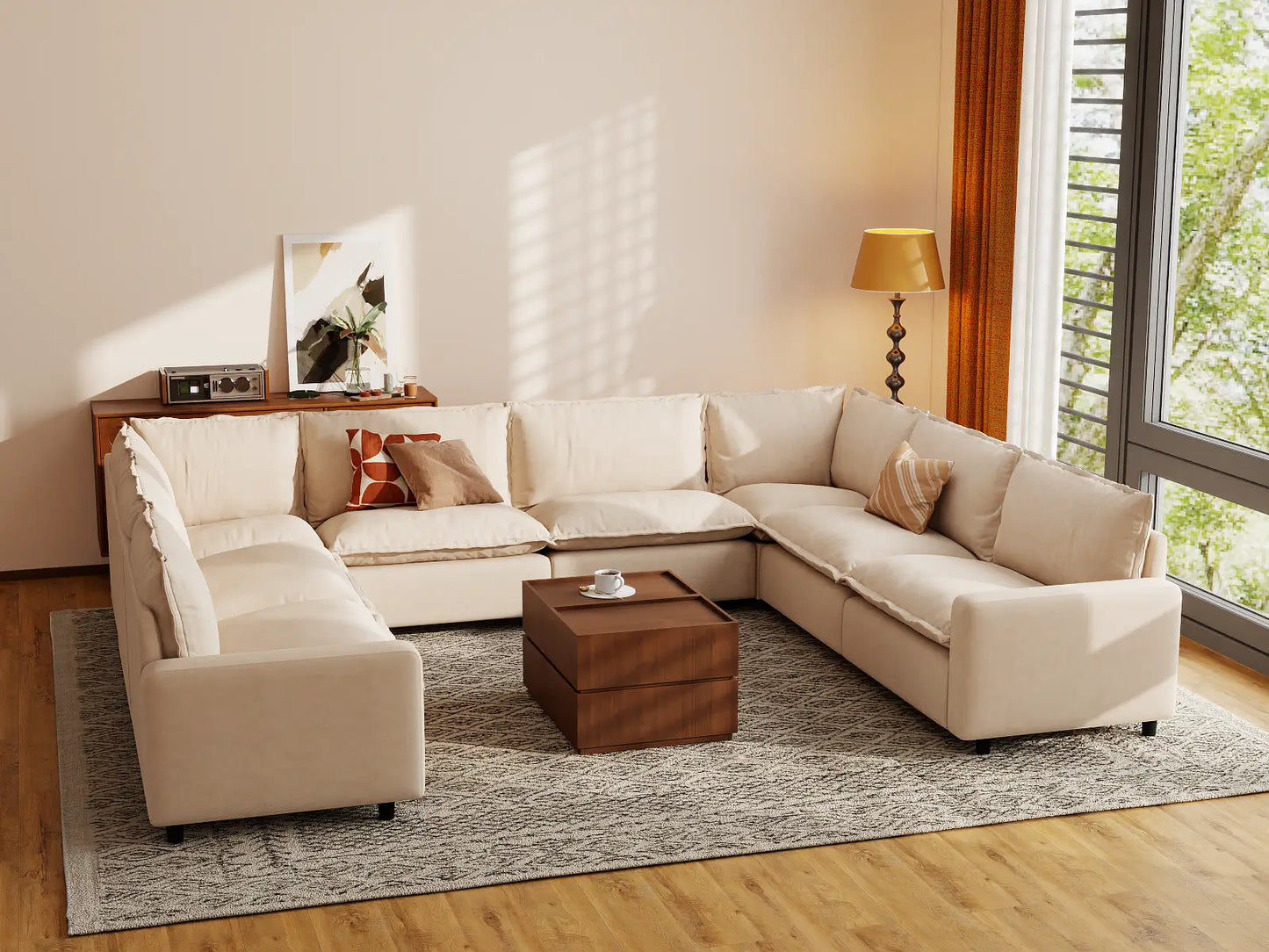 Modular Cero Modular Sectionals | 8-Piece Beige Linen Open Space U-Shaped Sectionals 8-Seater