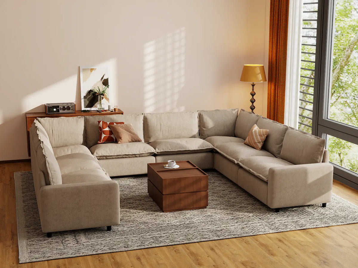 Modular Cero Modular Sectionals | 8-Piece Khaki Linen Grand Estate U-Shaped Sectionals 8-Seater