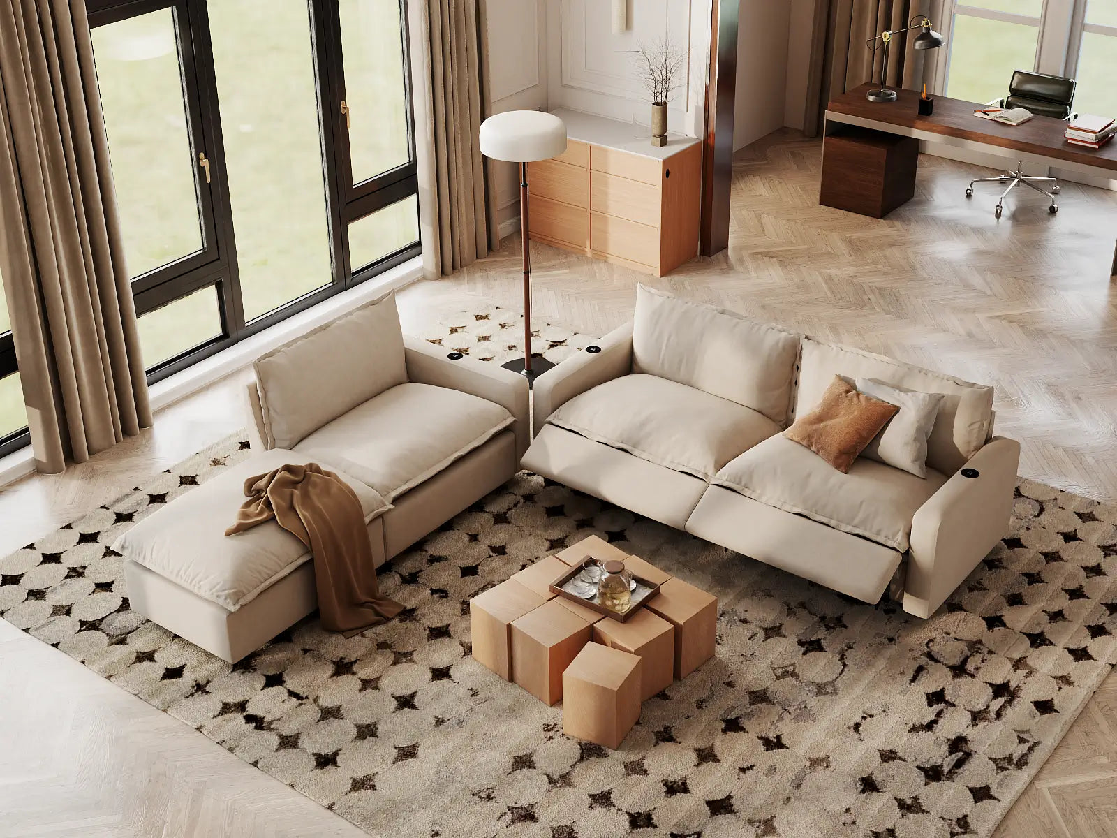 Modular Cero Sectional with Recliner and Chaise | 4-Piece Beige Linen Home Living Chaise Sectionals 3-Seater with 1-Ottoman
