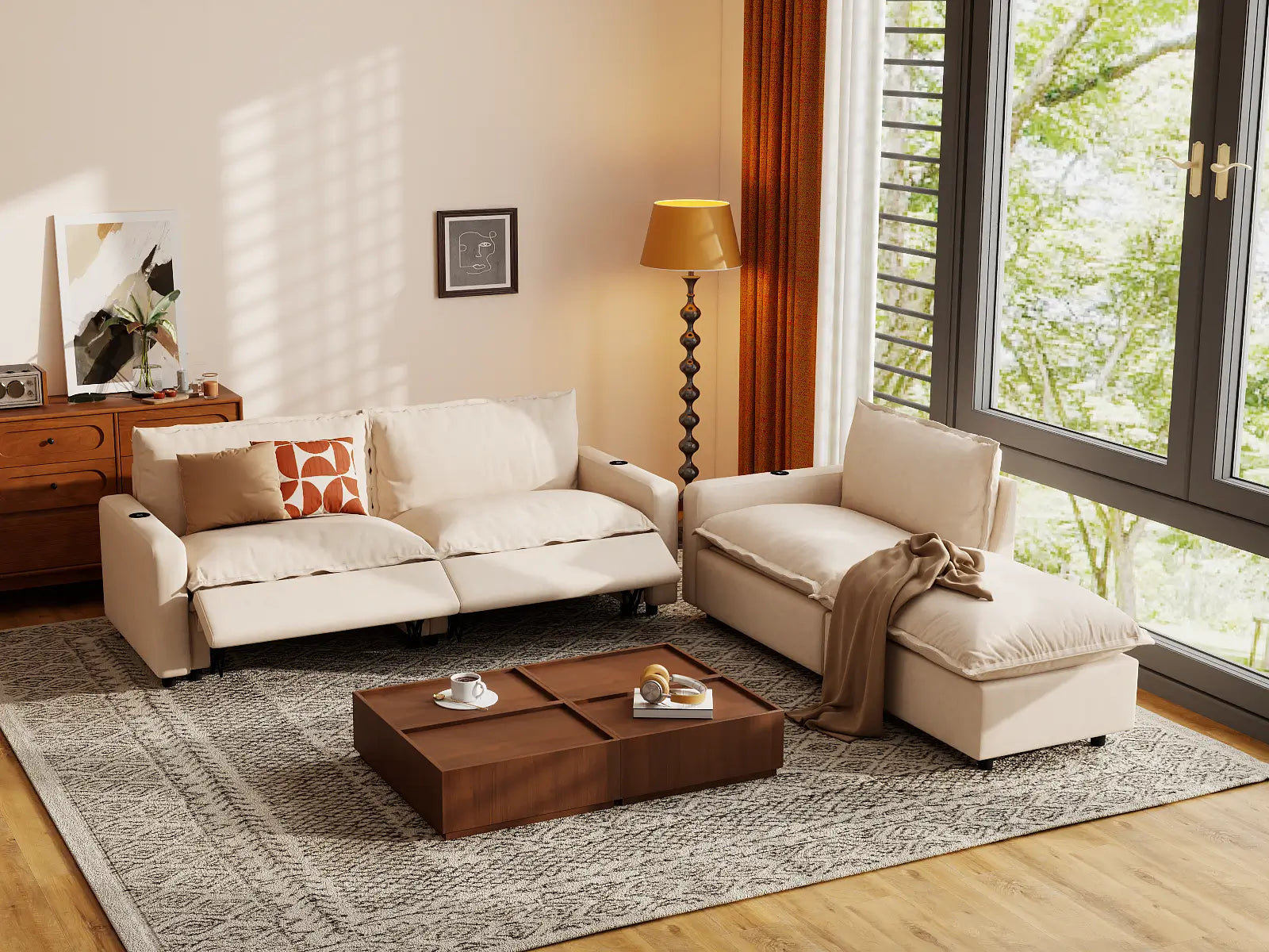 Modular Cero Sectional with Recliner and Chaise | 4-Piece Beige Linen Home Living Chaise Sectionals 3-Seater with 1-Ottoman
