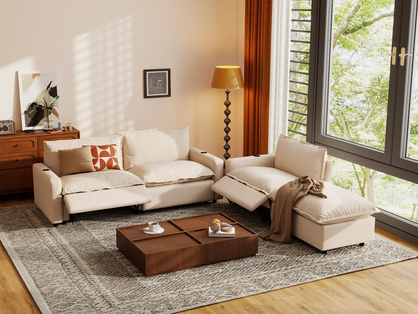 Modular Cero Sectional with Recliner and Chaise | 4-Piece Beige Linen Home Living Chaise Sectionals 3-Seater with 1-Ottoman