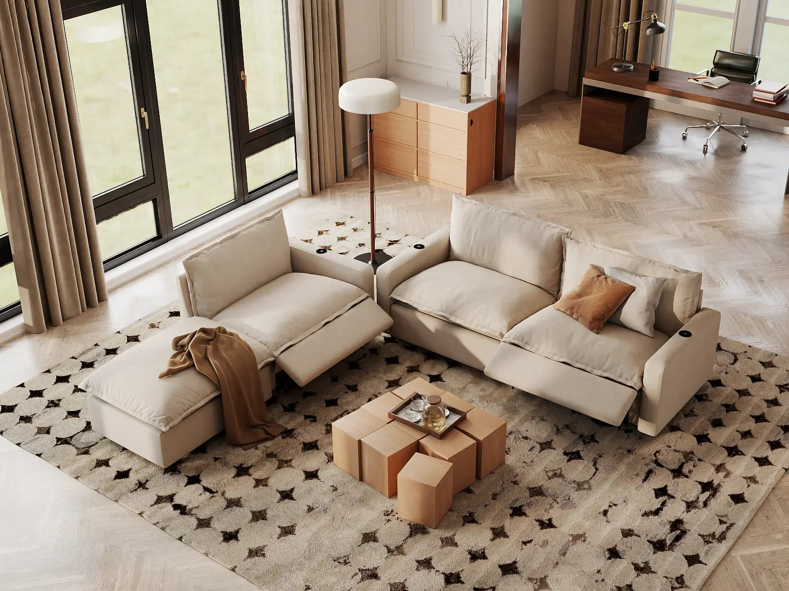 Modular Cero Sectional with Recliner and Chaise | 4-Piece Beige Linen Home Living Chaise Sectionals 3-Seater with 1-Ottoman