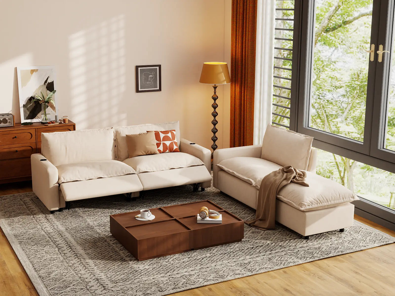 Modular Cero Reclining Sectional with Chaise | 4-Piece Beige Linen Home Living Chaise Sectionals 3-Seater with 1-Ottoman