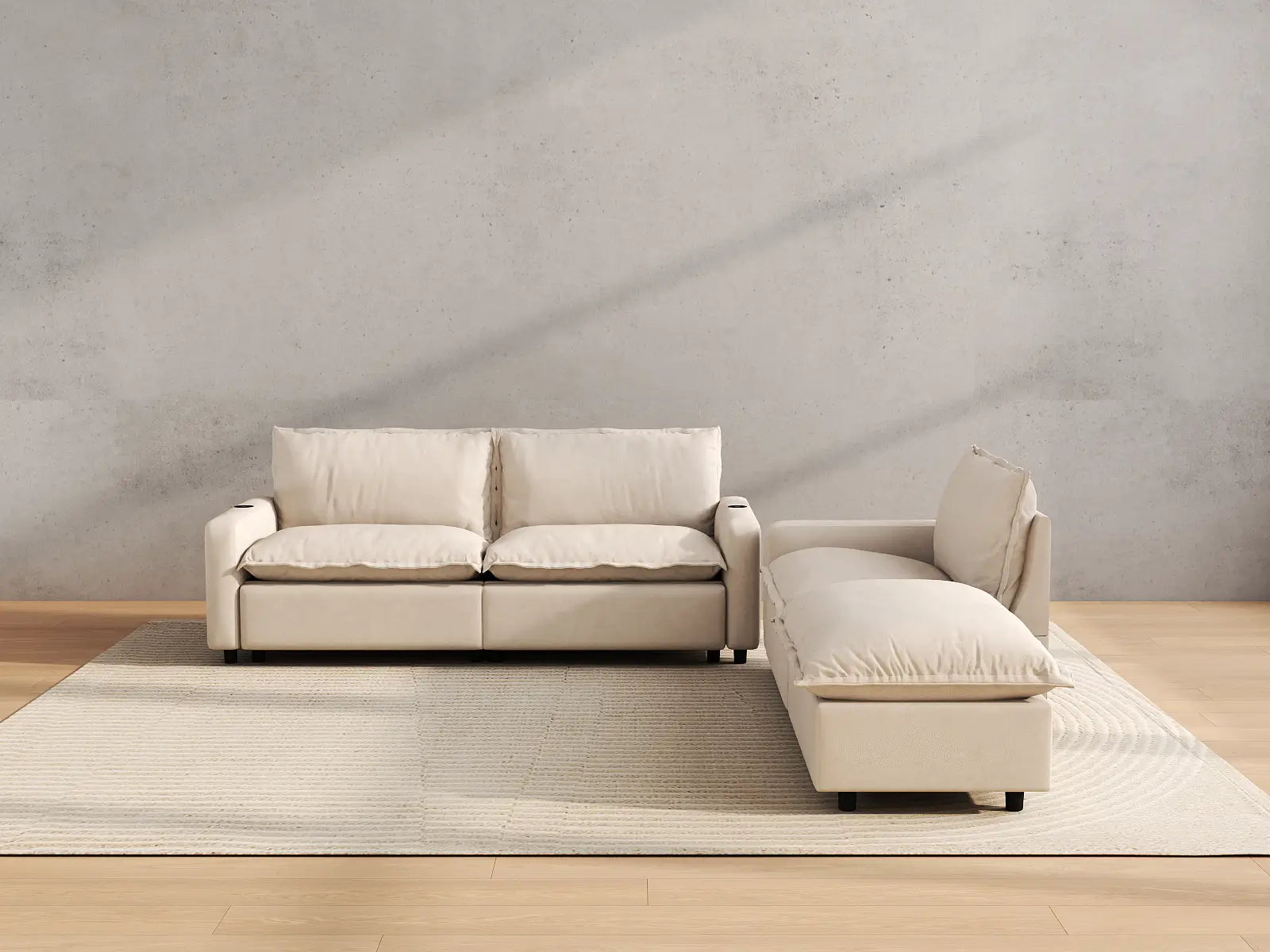 Modular Cero Reclining Sectional with Chaise | 4-Piece Beige Linen Home Living Chaise Sectionals 3-Seater with 1-Ottoman