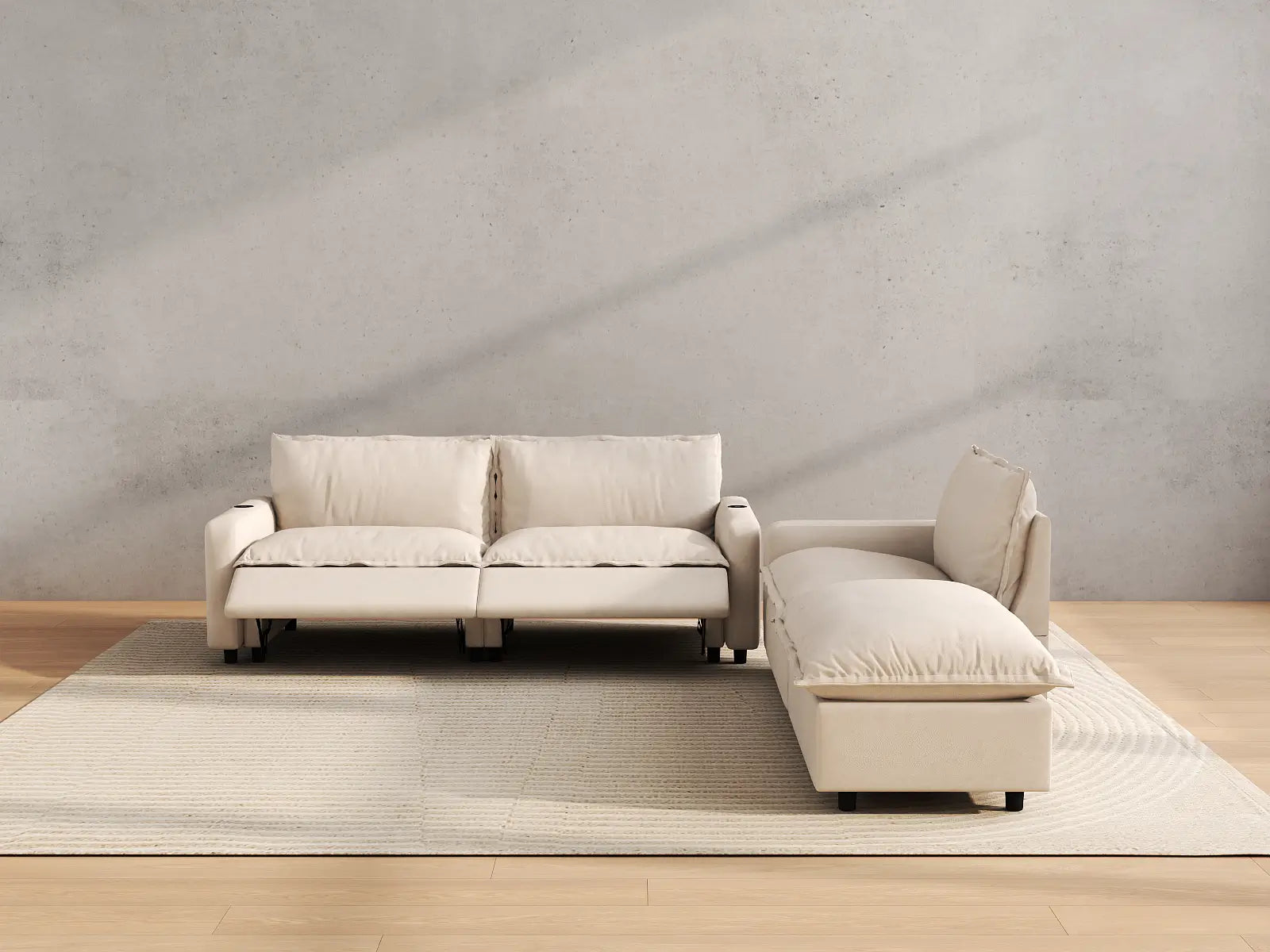 Modular Cero Reclining Sectional with Chaise | 4-Piece Beige Linen Home Living Chaise Sectionals 3-Seater with 1-Ottoman