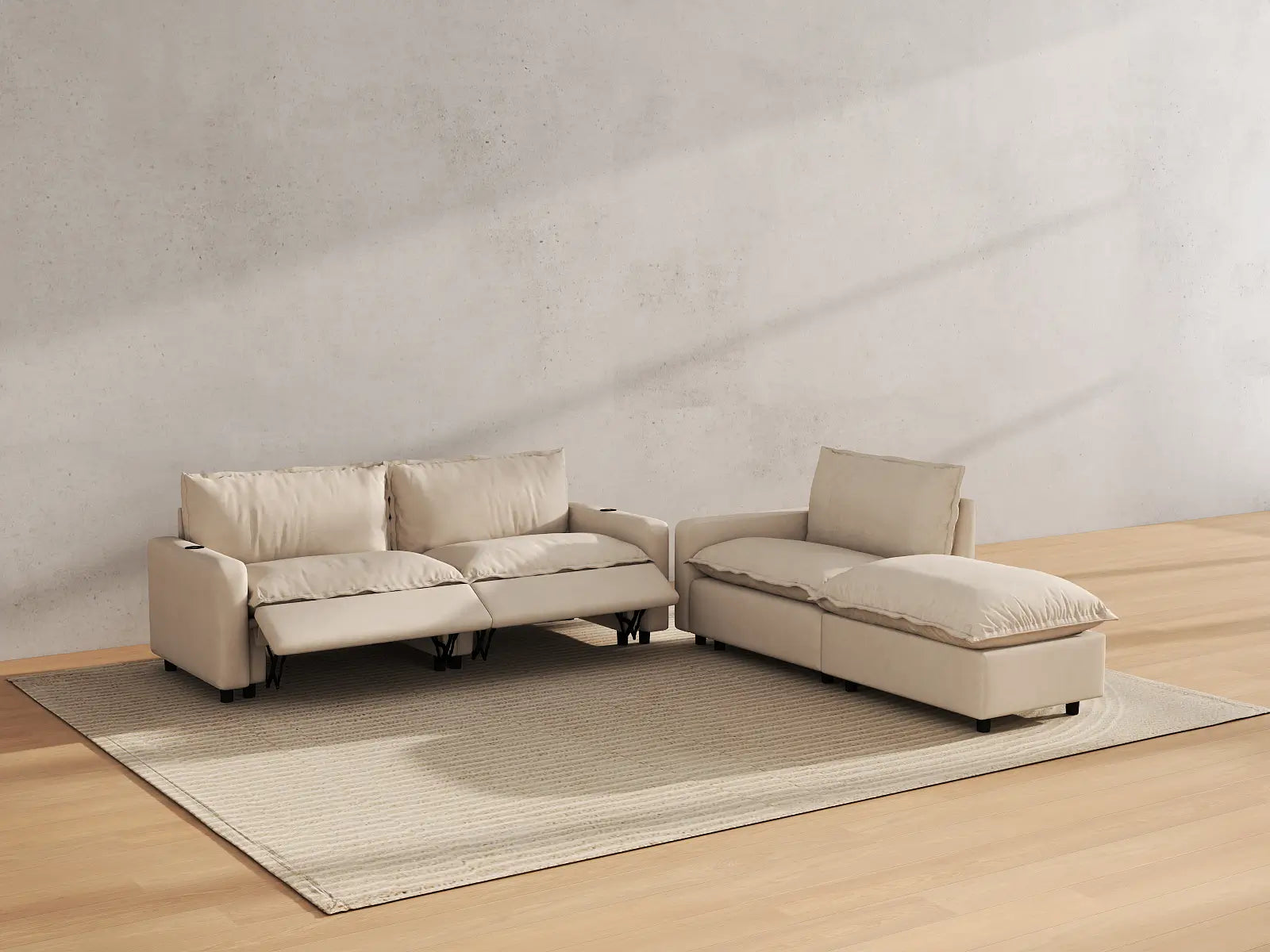 Modular Cero Reclining Sectional with Chaise | 4-Piece Beige Linen Home Living Chaise Sectionals 3-Seater with 1-Ottoman