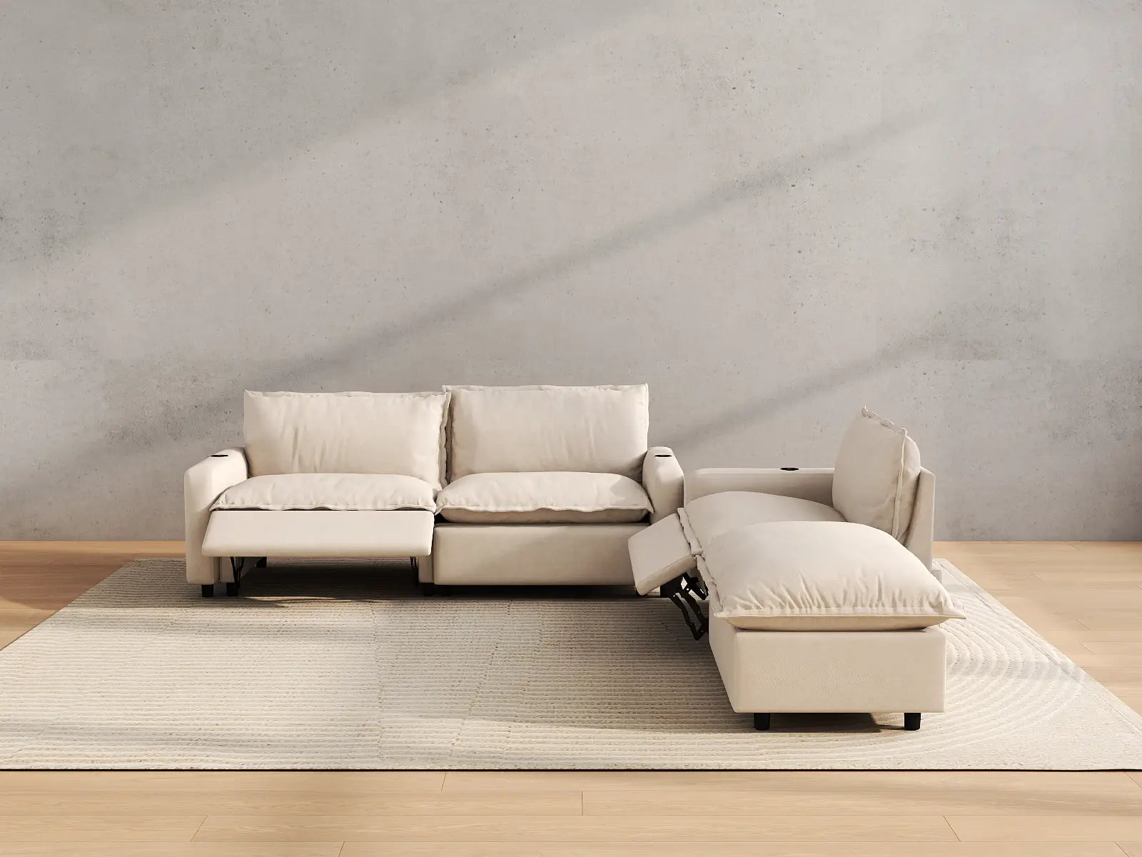 Modular Cero Sectional with Recliner and Chaise | 4-Piece Beige Linen Home Living Chaise Sectionals 3-Seater with 1-Ottoman