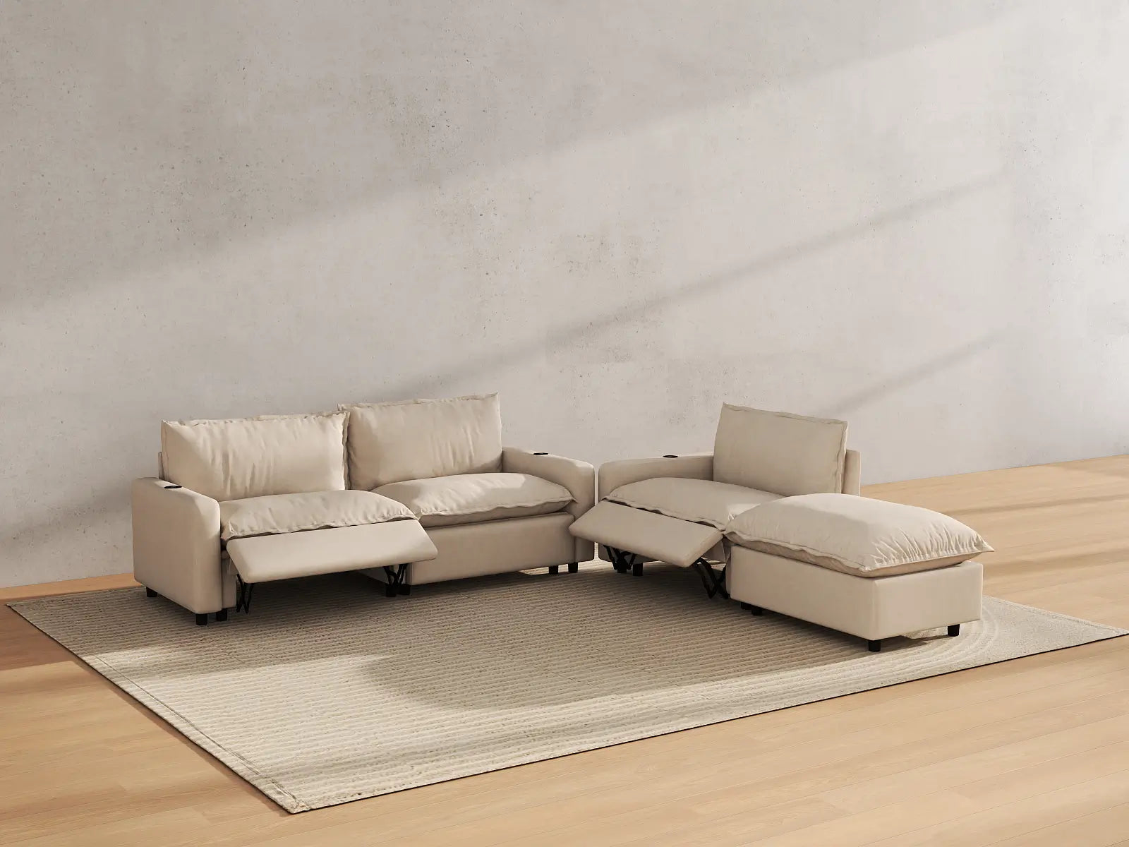 Modular Cero Sectional with Recliner and Chaise | 4-Piece Beige Linen Home Living Chaise Sectionals 3-Seater with 1-Ottoman