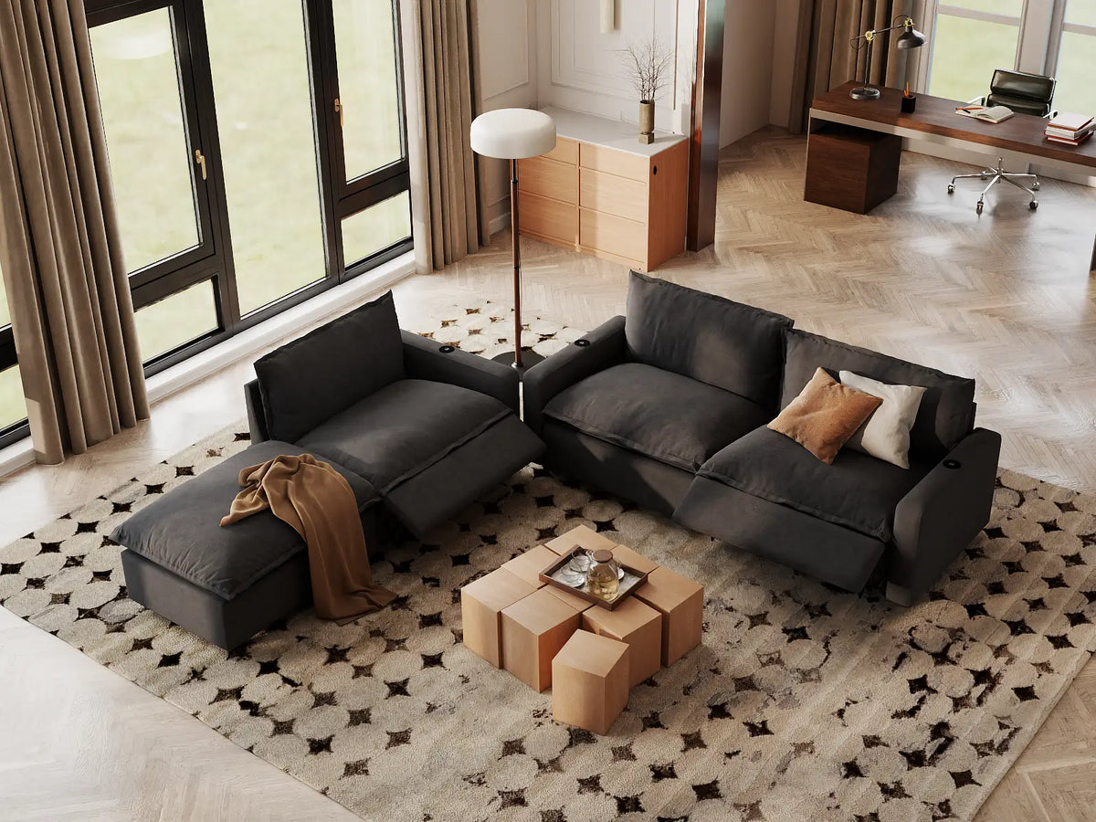 Modular Cero Reclining Sectionals | 4-Piece Grey Linen Home Living Chaise Sectionals 3-Seater with 1-Ottoman