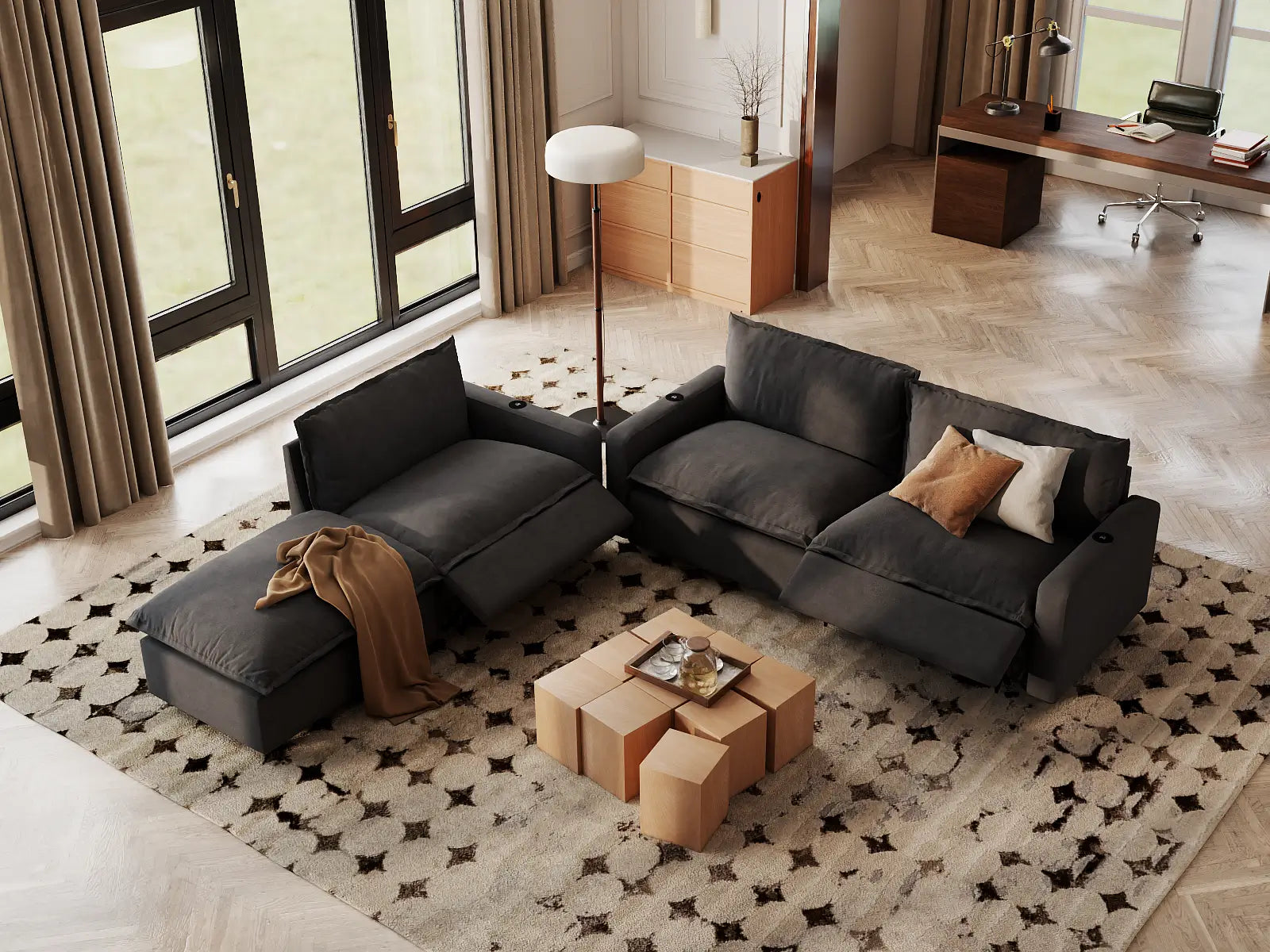 Modular Cero Sectional Couch with Chaise and Recliner | 4-Piece Grey Linen Home Living Chaise Sectionals 3-Seater with 1-Ottoman