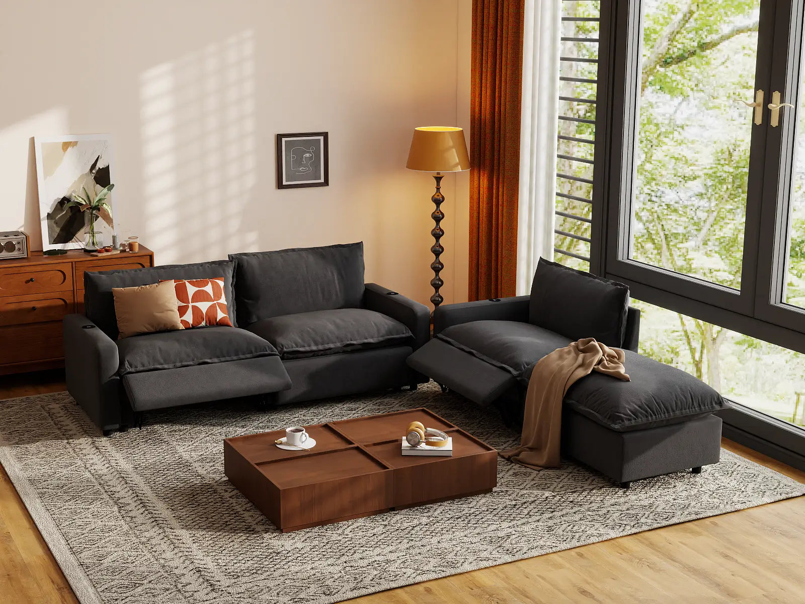 Modular Cero Sectional Couch with Chaise and Recliner | 4-Piece Grey Linen Home Living Chaise Sectionals 3-Seater with 1-Ottoman