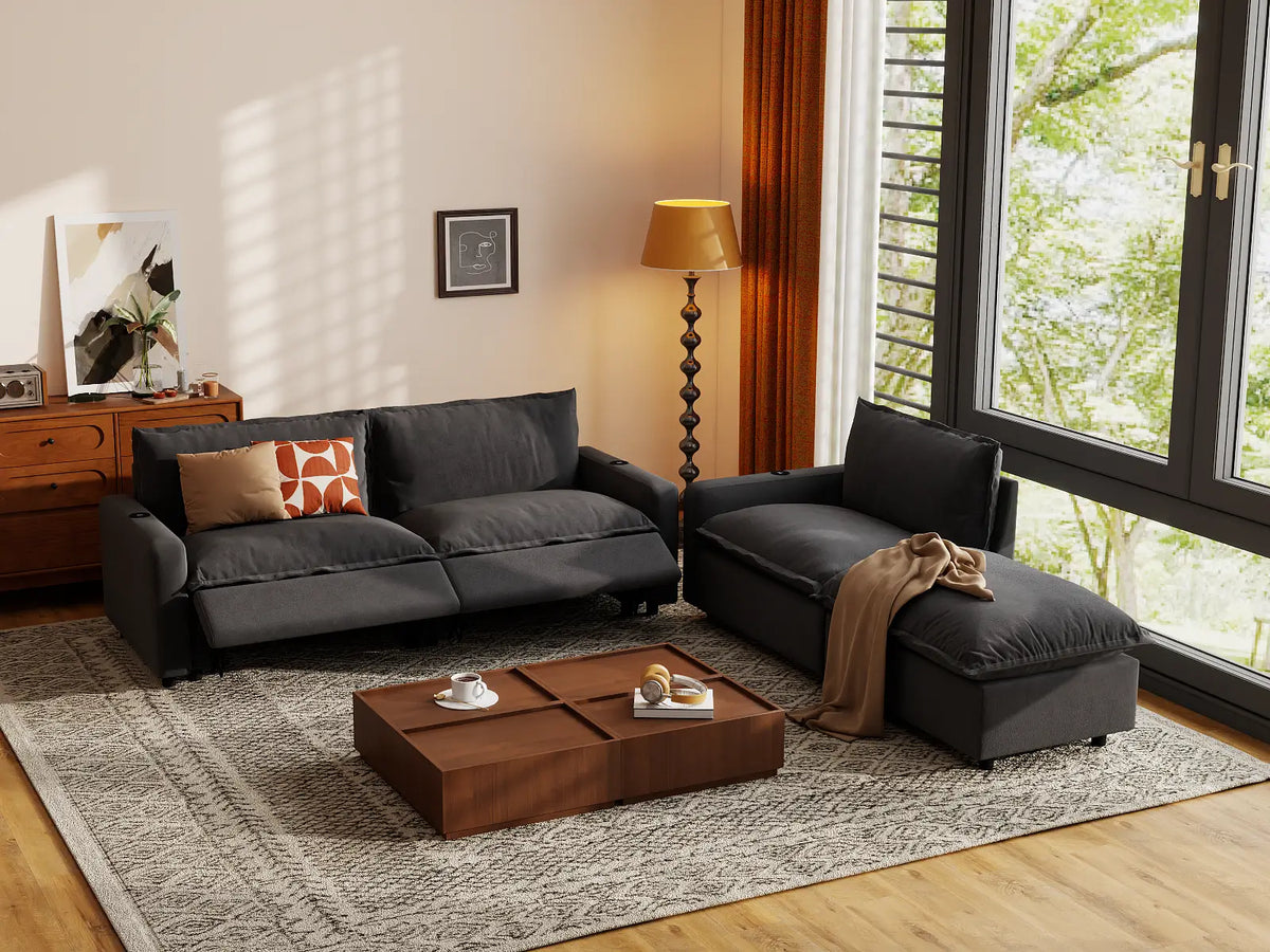 Modular Cero Reclining Sectionals | 4-Piece Grey Linen Home Living Chaise Sectionals 3-Seater with 1-Ottoman