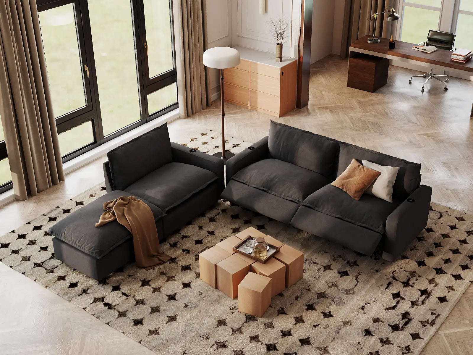 Modular Cero Sectional Couch with Chaise and Recliner | 4-Piece Grey Linen Home Living Chaise Sectionals 3-Seater with 1-Ottoman