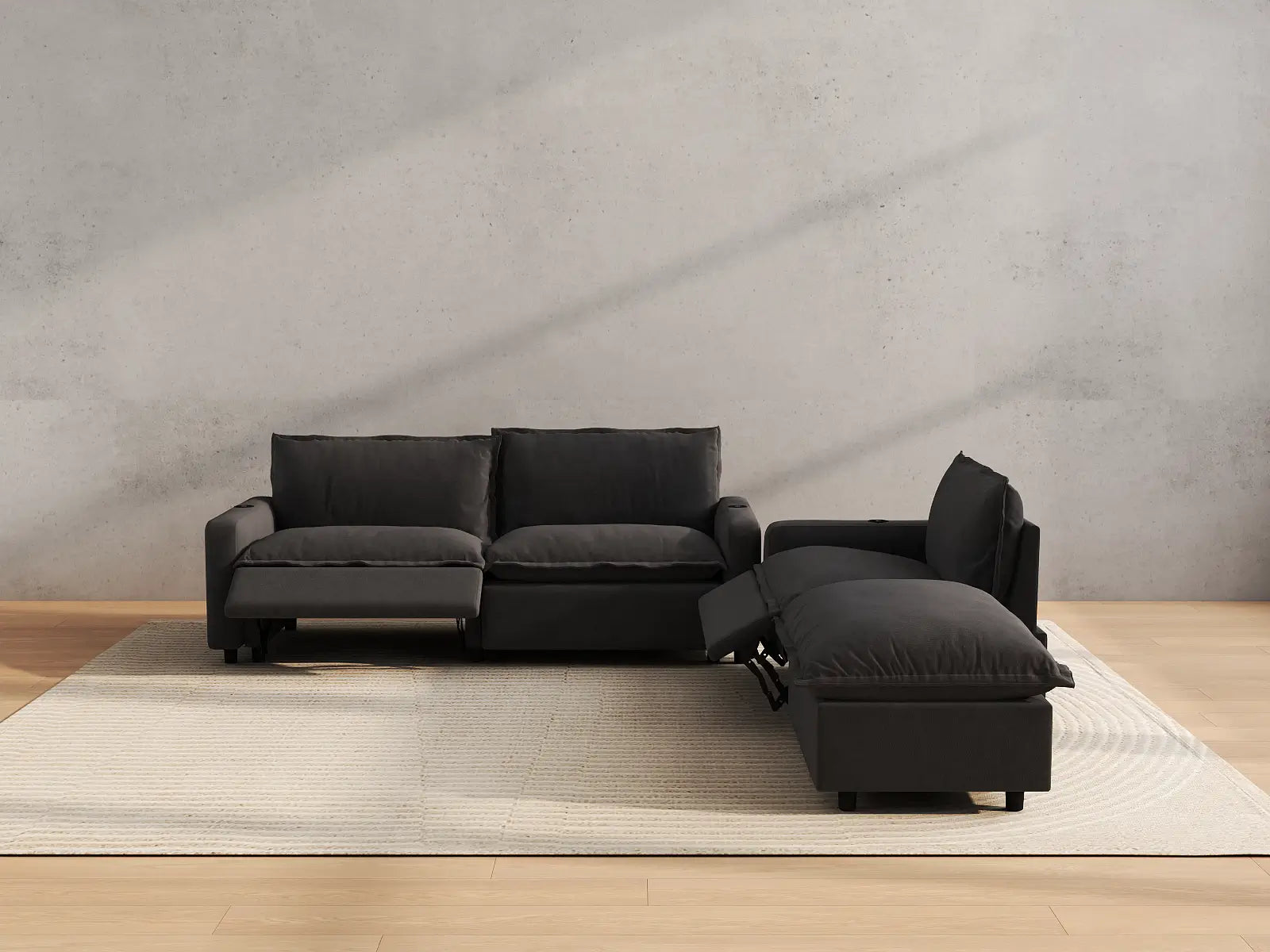 Modular Cero Sectional Couch with Chaise and Recliner | 4-Piece Grey Linen Home Living Chaise Sectionals 3-Seater with 1-Ottoman
