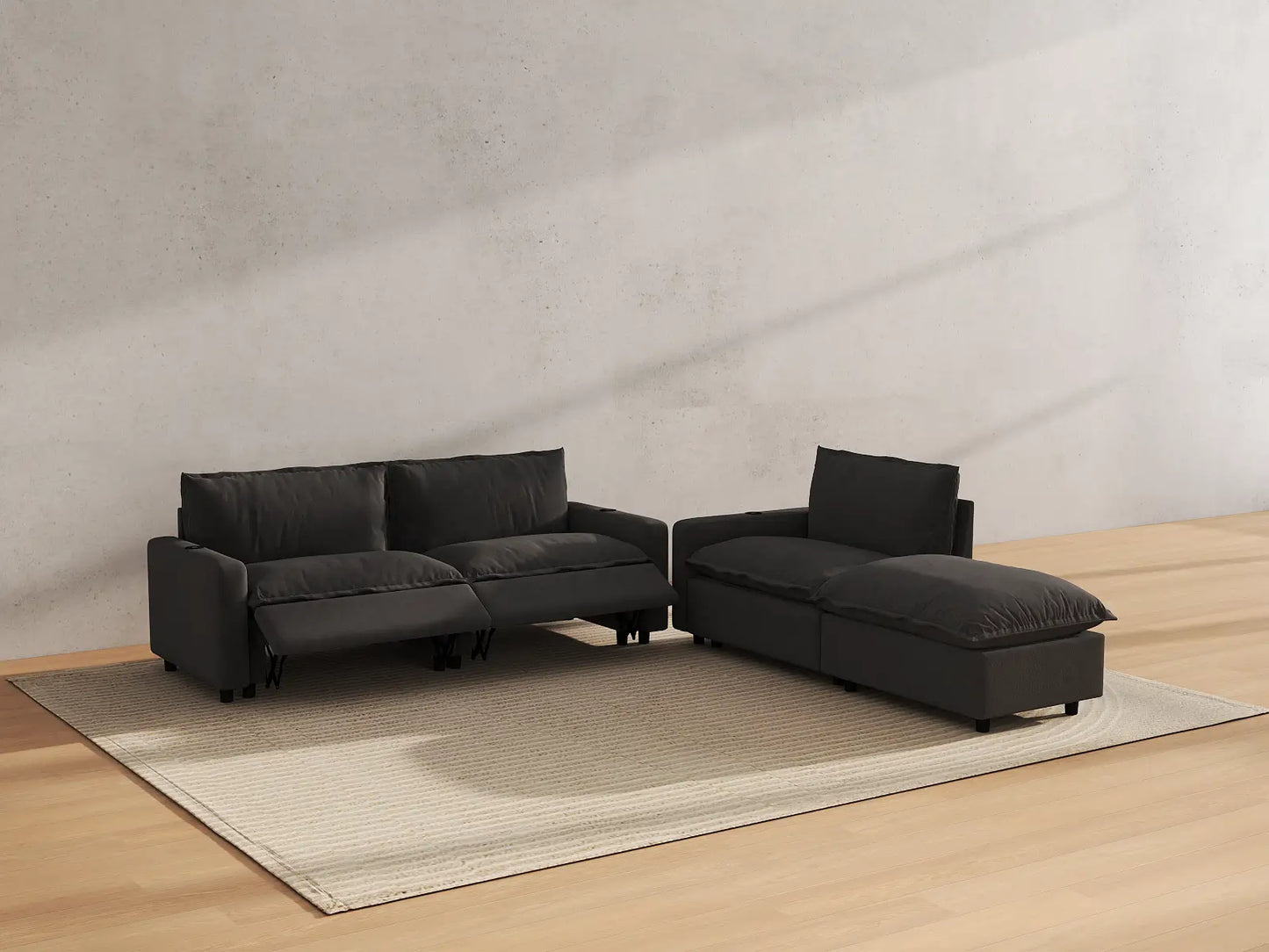 Modular Cero Reclining Sectionals | 4-Piece Grey Linen Home Living Chaise Sectionals 3-Seater with 1-Ottoman